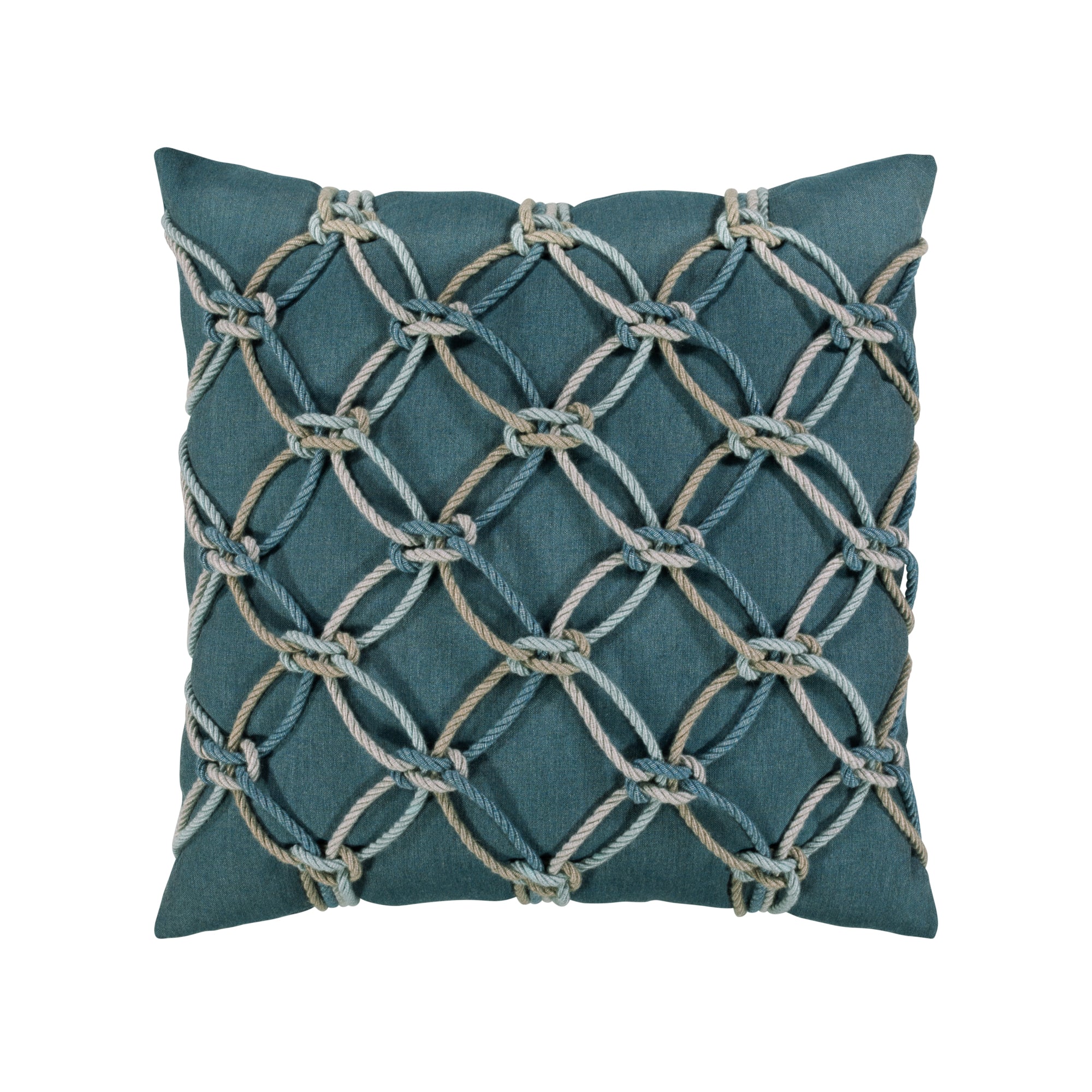 Teal geometric outdoor pillow with rope detailing in square size for elegant patio decor