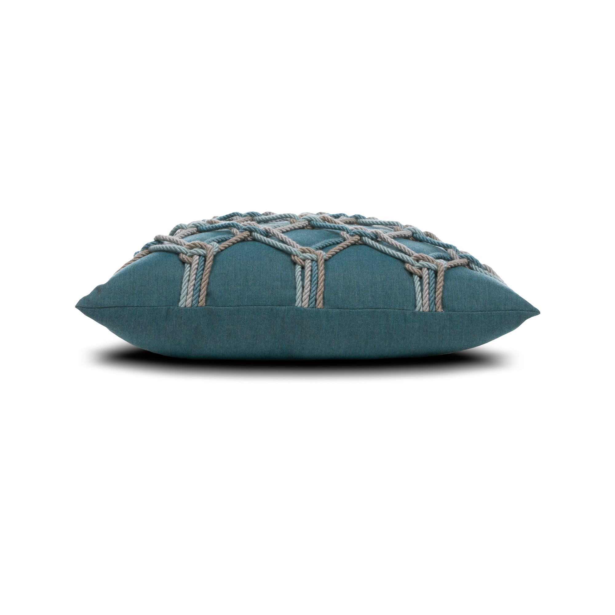 Side image of Teal geometric outdoor pillow with rope detailing in square size for elegant patio decor