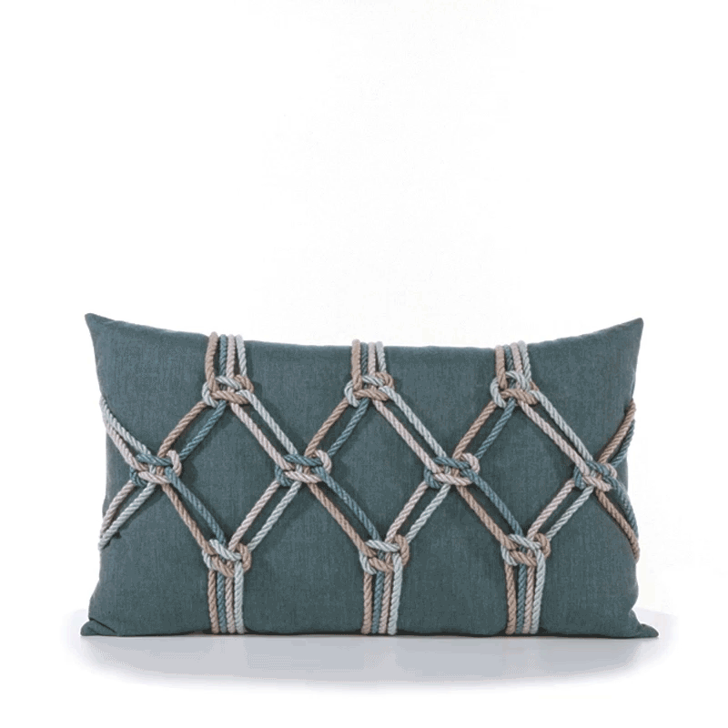 360 video of Teal geometric outdoor pillow with rope detailing in lumbar size for stylish patio decor