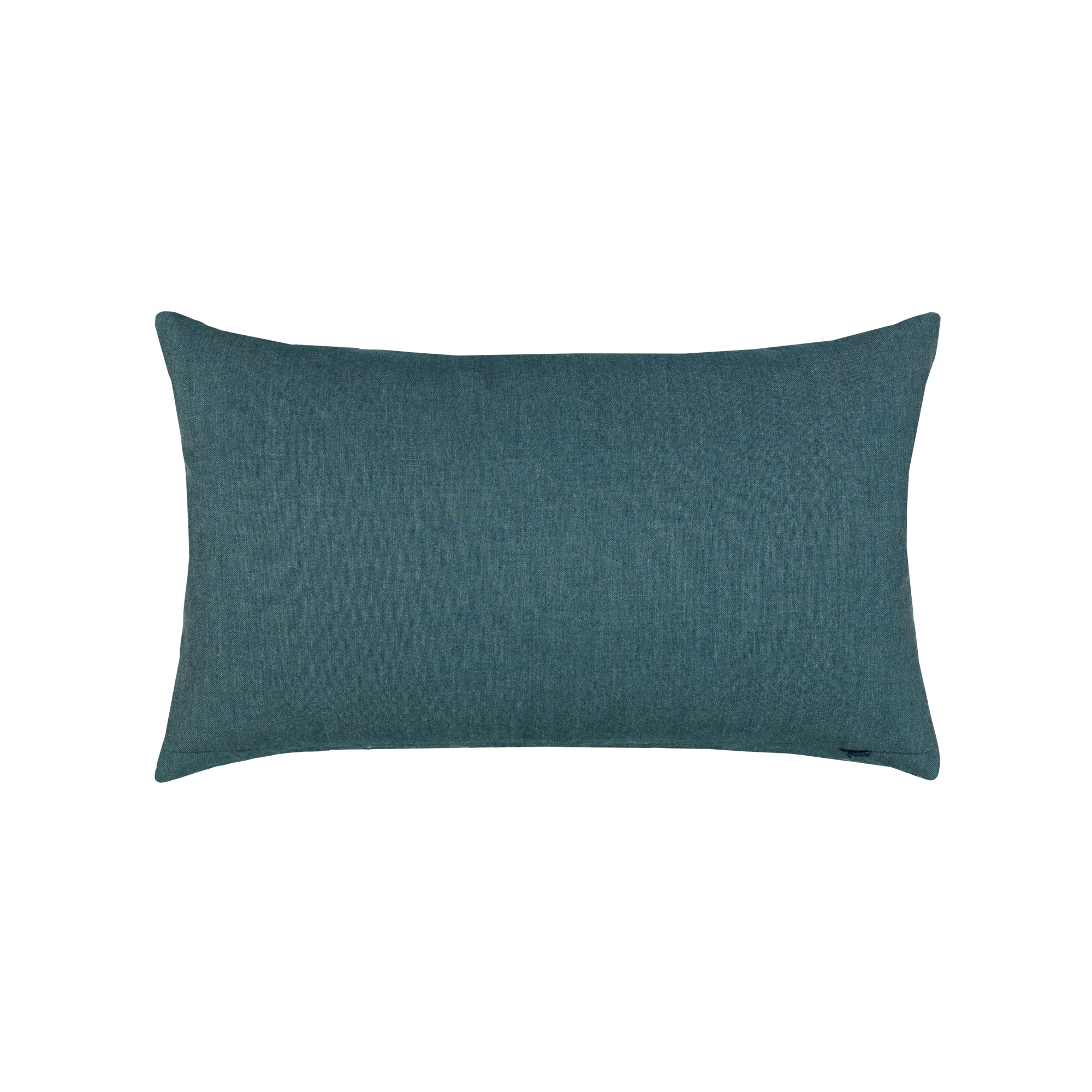 Back image of Teal geometric outdoor pillow with rope detailing in lumbar size for stylish patio decor