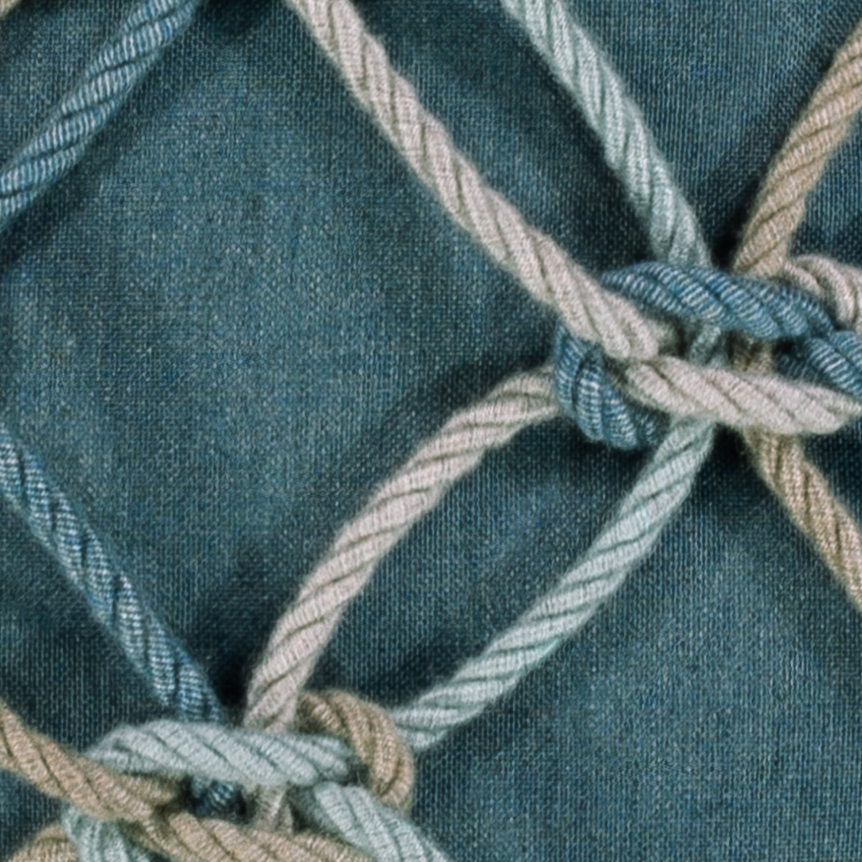 Detail image of Teal geometric outdoor pillow with rope detailing in lumbar size for stylish patio decor