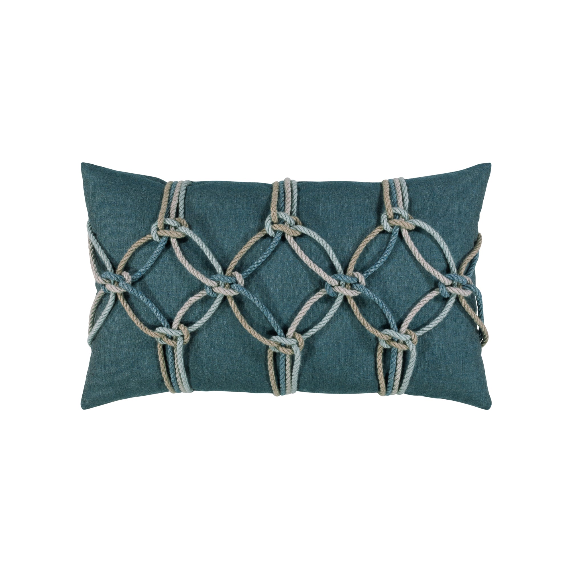Teal geometric outdoor pillow with rope detailing in lumbar size for stylish patio decor