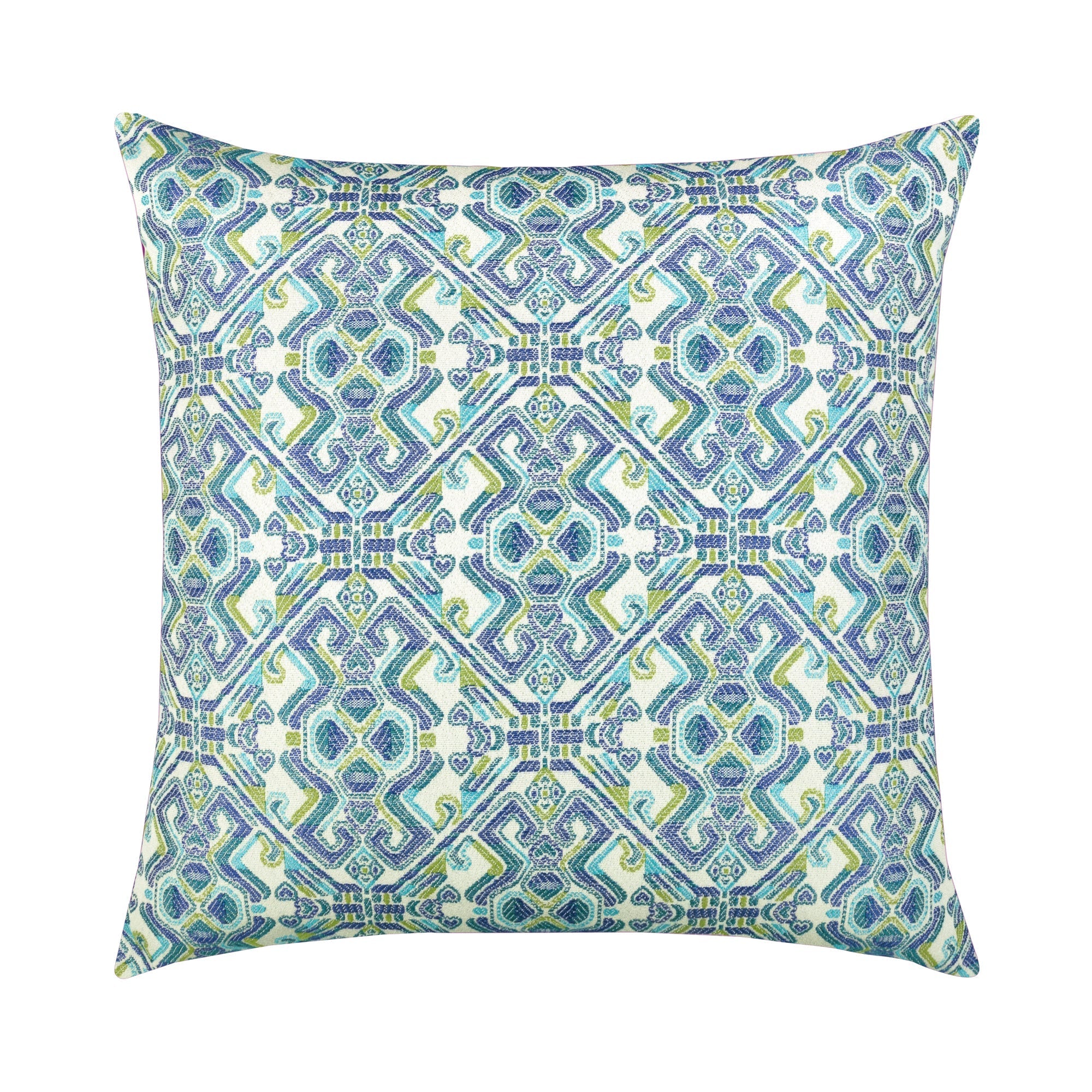 Blue outdoor pillow with mosaic pattern, square size for coastal-inspired outdoor styling