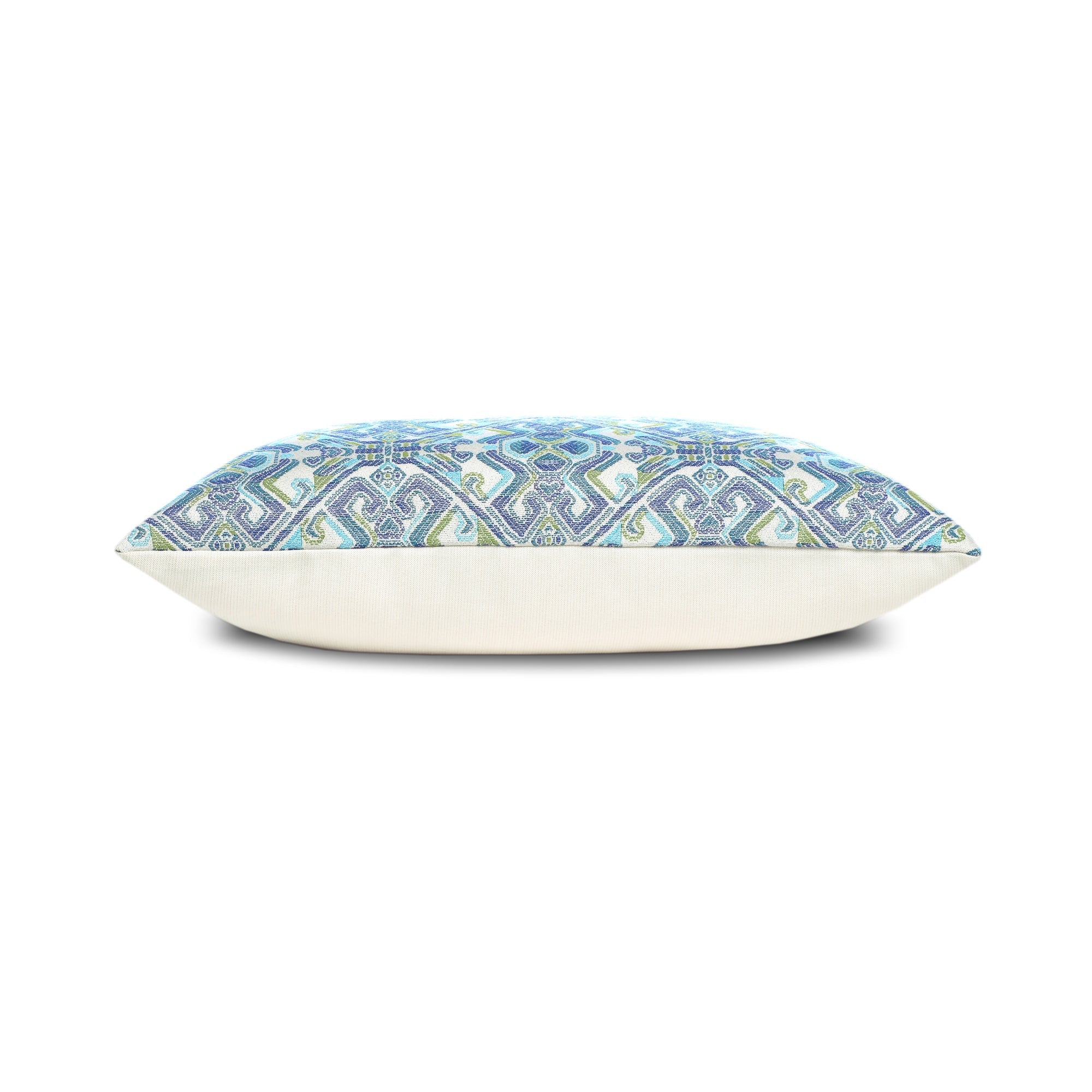 Side image of Blue outdoor pillow with mosaic pattern, square size for coastal-inspired outdoor styling
