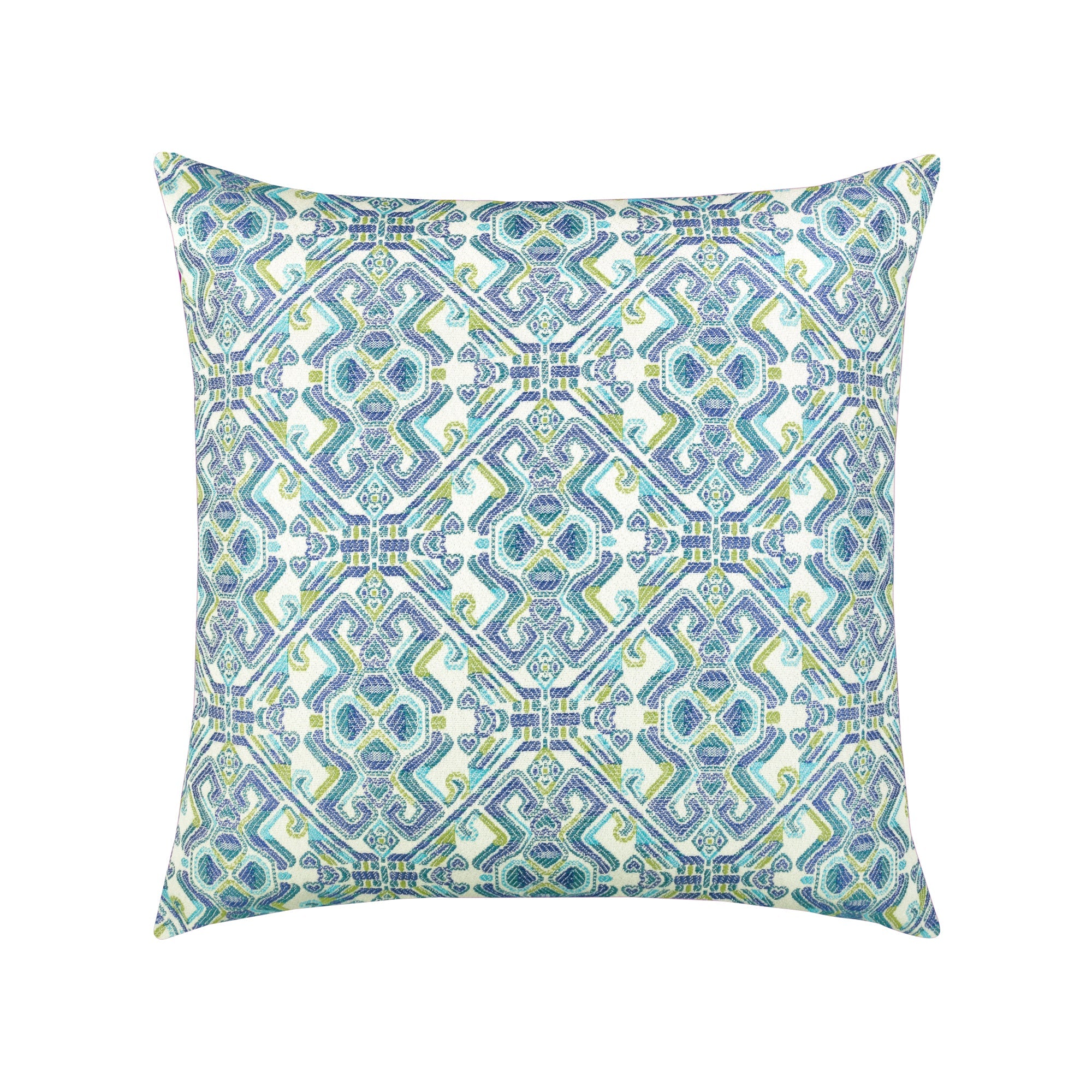 Pillow made from Intricate blue and green mosaic outdoor safe fabric with Mediterranean influence
