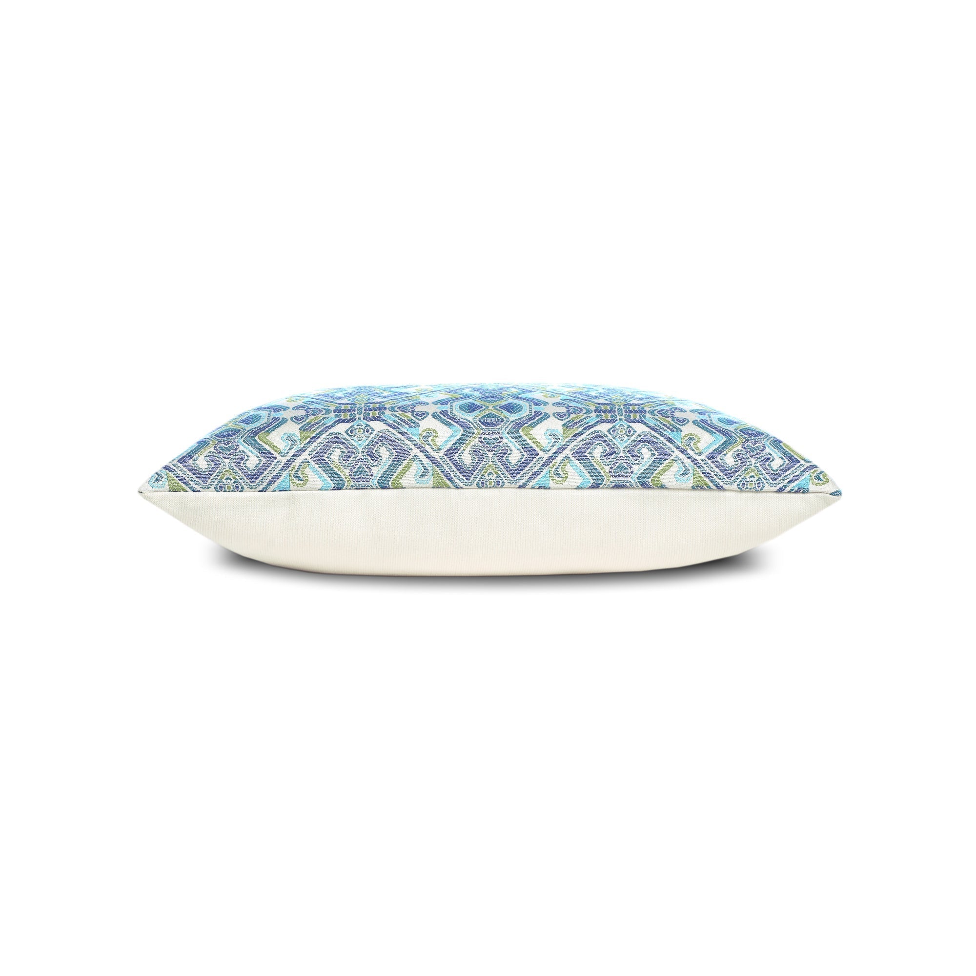 Side image of Teal outdoor pillow with mosaic pattern, square size for modern outdoor decor