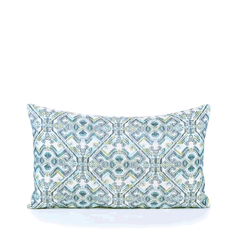 360 video of Blue outdoor pillow with mosaic pattern, lumbar size for coastal-inspired outdoor styling