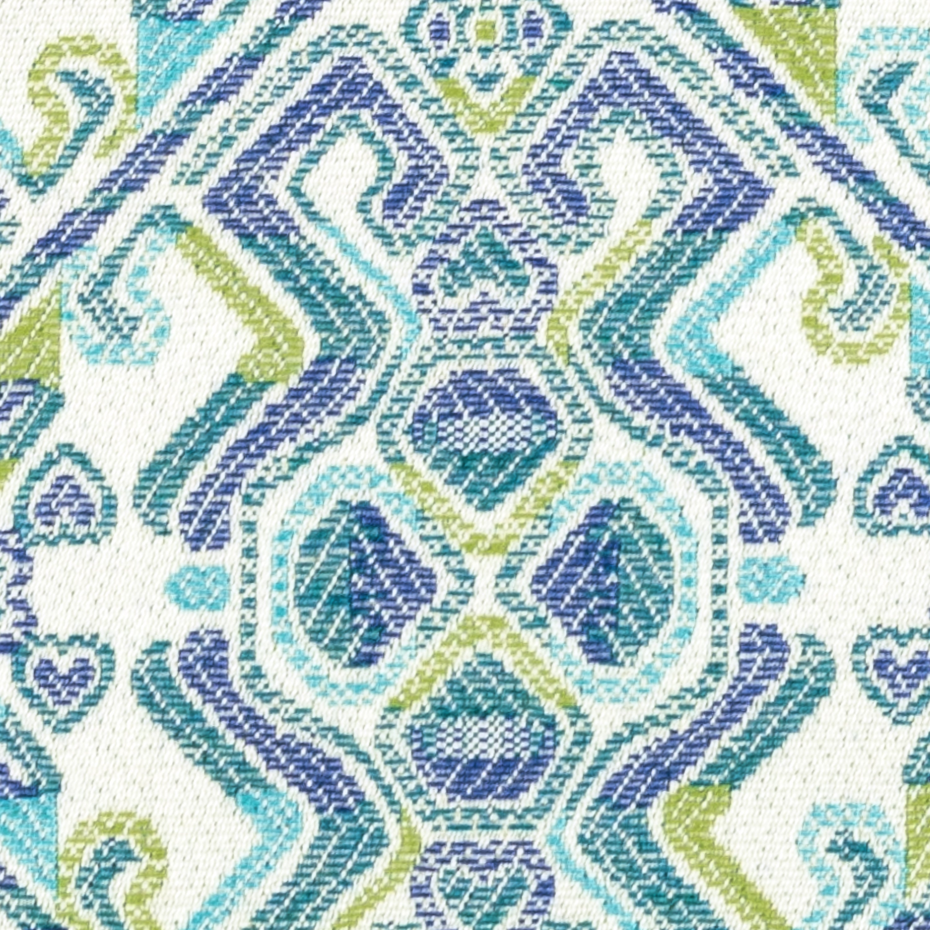 Detail image of Blue outdoor pillow with mosaic pattern, lumbar size for coastal-inspired outdoor styling