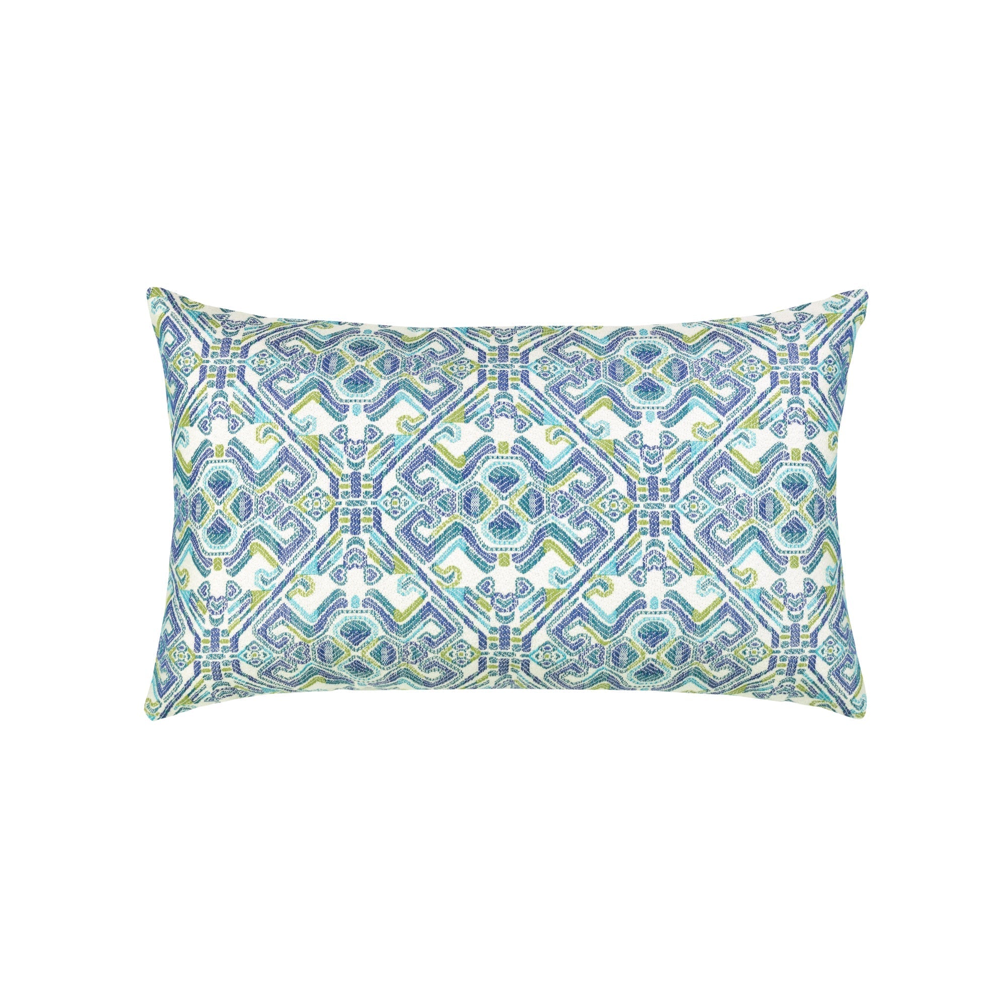 Blue outdoor pillow with mosaic pattern, lumbar size for coastal-inspired outdoor styling