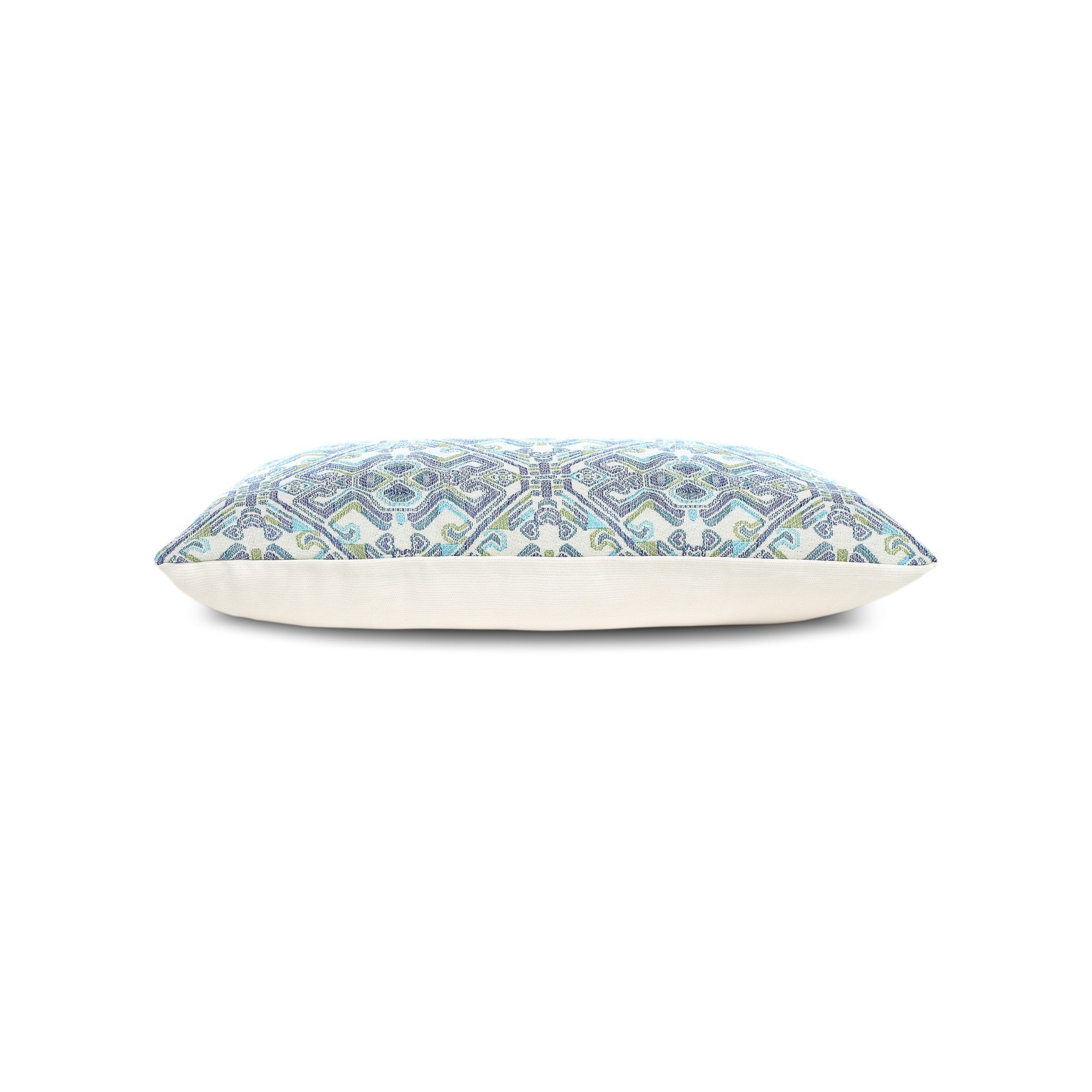 Side image of Blue outdoor pillow with mosaic pattern, lumbar size for coastal-inspired outdoor styling