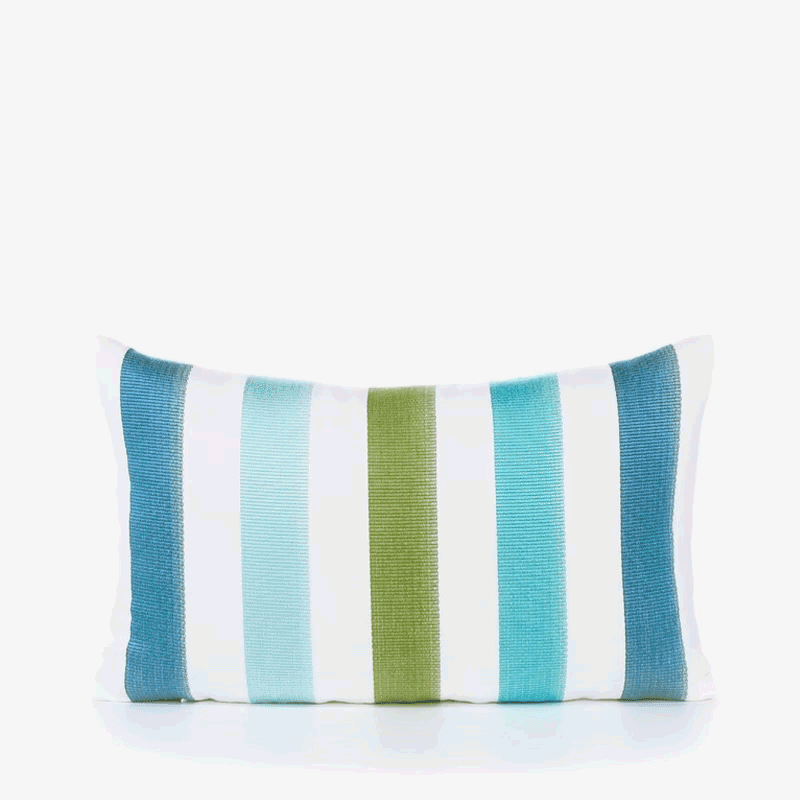 360 video of Blue and green striped pillow lumbar size for coastal indoor and outdoor decor