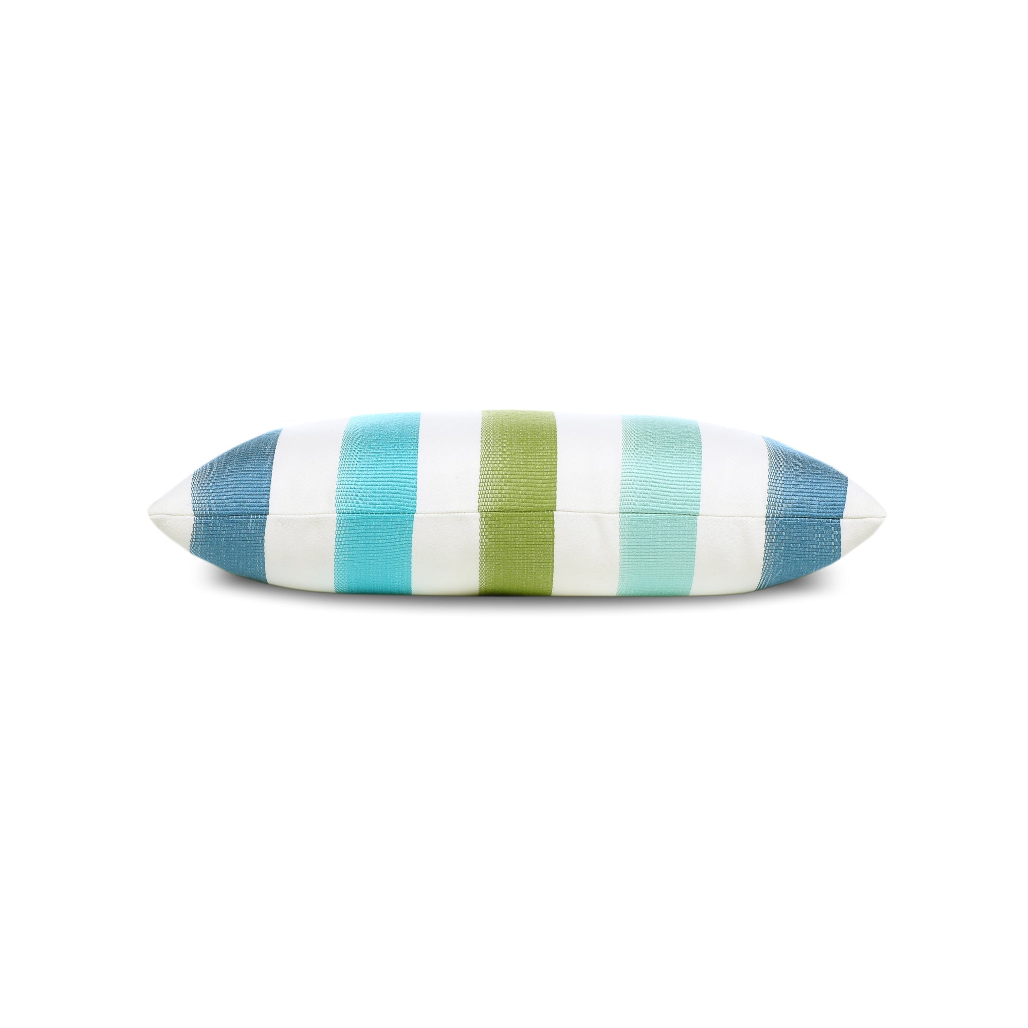 Side image of Blue and green striped pillow lumbar size for coastal indoor and outdoor decor