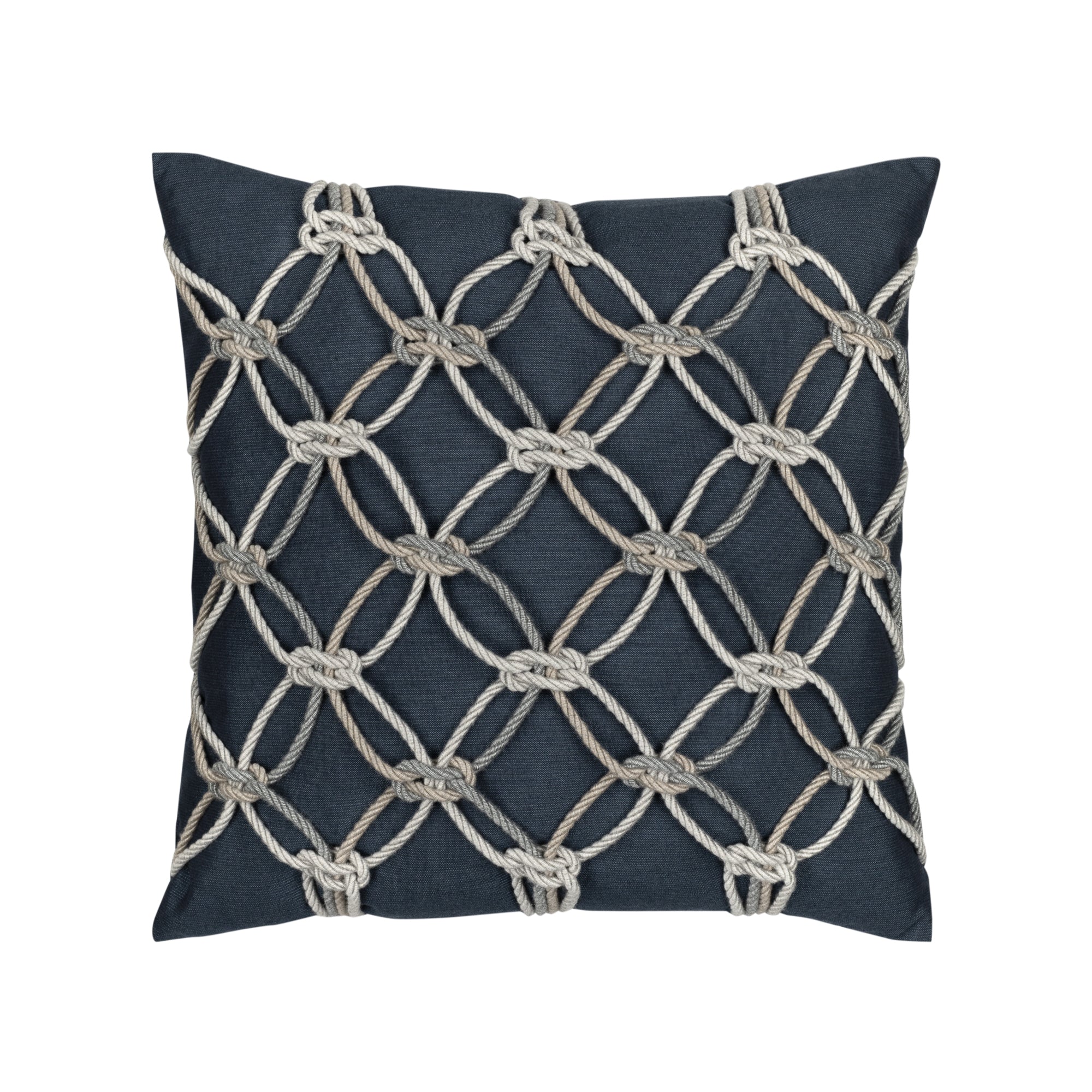 Indigo outdoor pillow with diamond lattice rope pattern square size for elegant patio decor