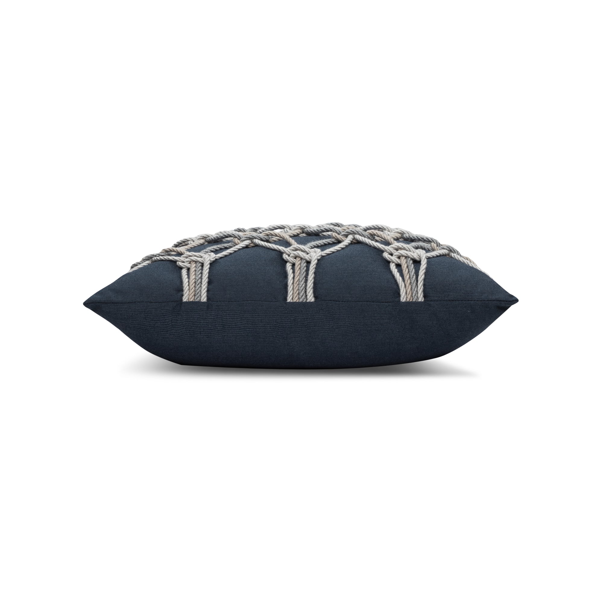 Side image of Indigo outdoor pillow with diamond lattice rope pattern square size for elegant patio decor