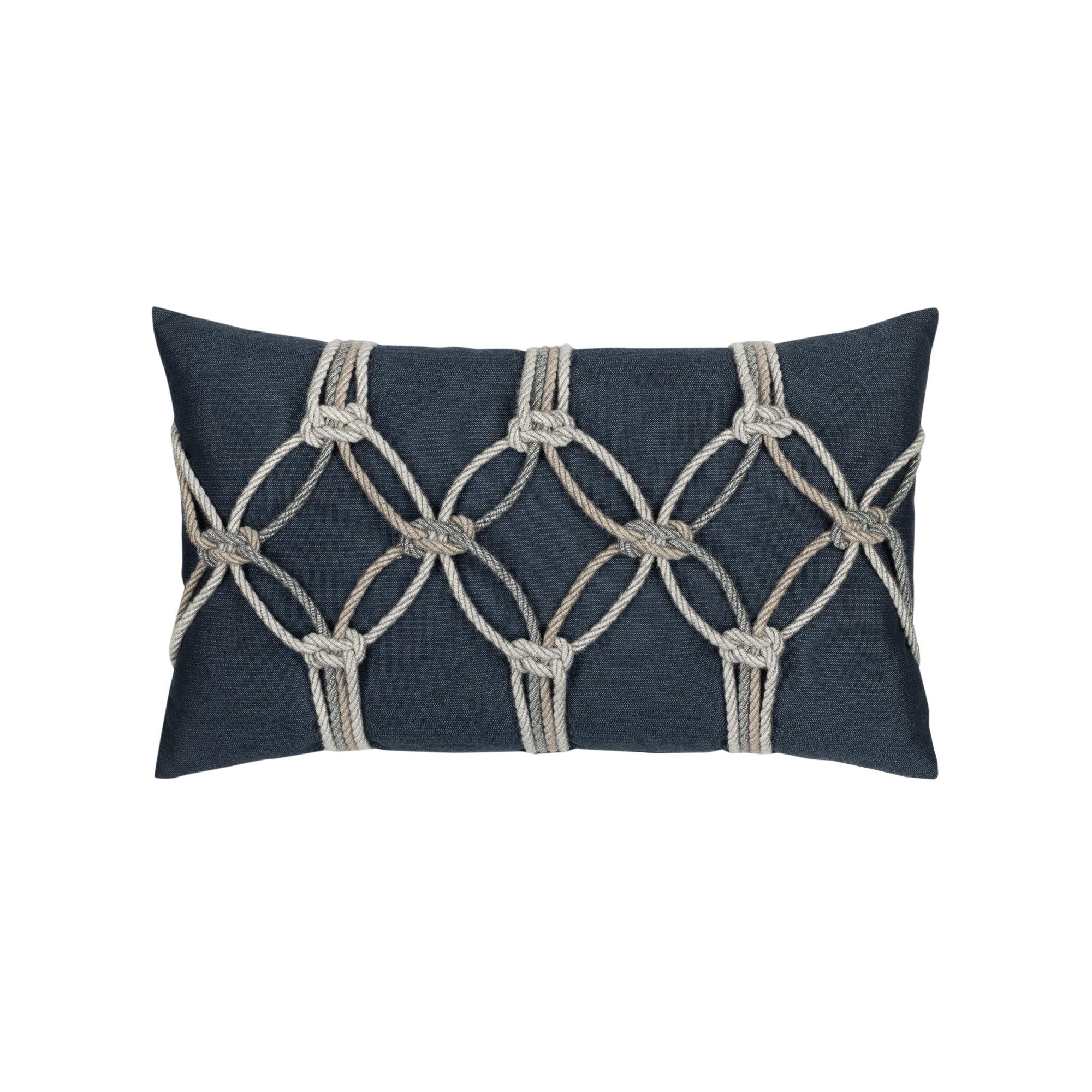 Indigo outdoor pillow with diamond lattice rope pattern lumbar size for sophisticated patio decor by Elaine Smith