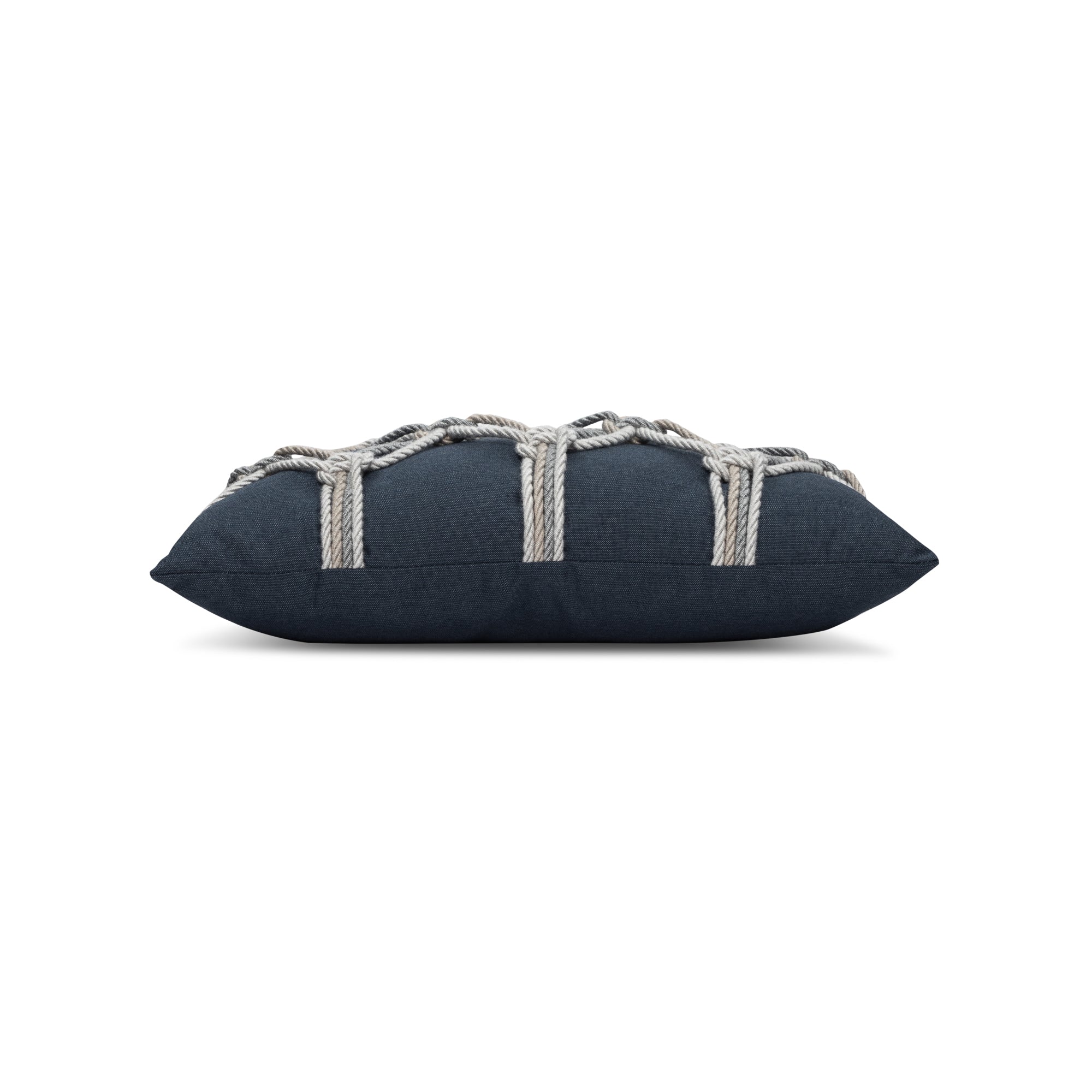 Side image of Indigo outdoor pillow with diamond lattice rope pattern lumbar size for sophisticated patio decor by Elaine Smith