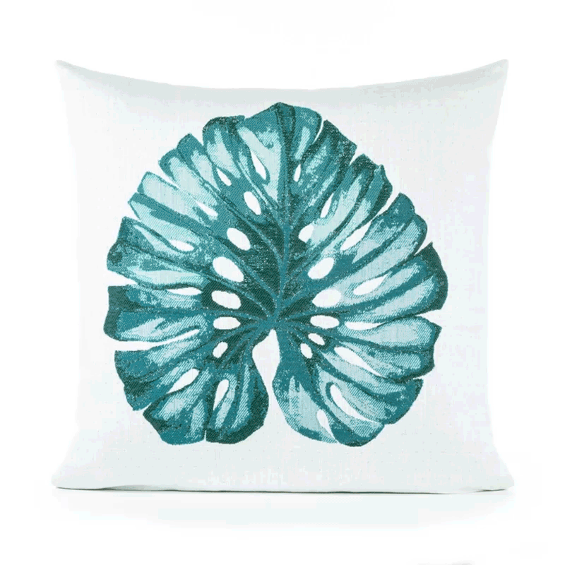 360 video of Teal tropical leaf on white textured ground outdoor pillow in square size for nature inspired patio decor by Elaine Smith