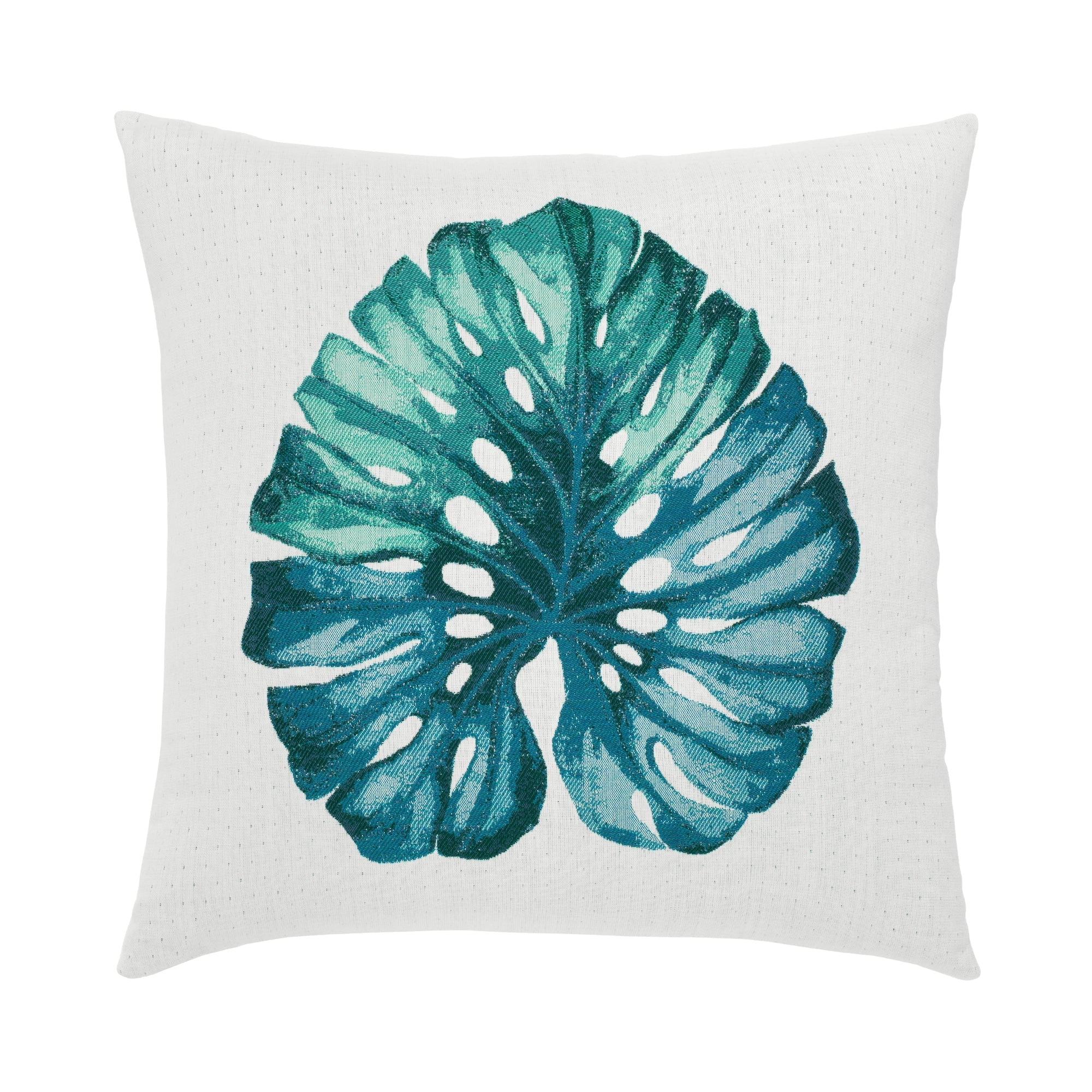Teal tropical leaf on white textured ground outdoor pillow in square size for nature inspired patio decor by Elaine Smith
