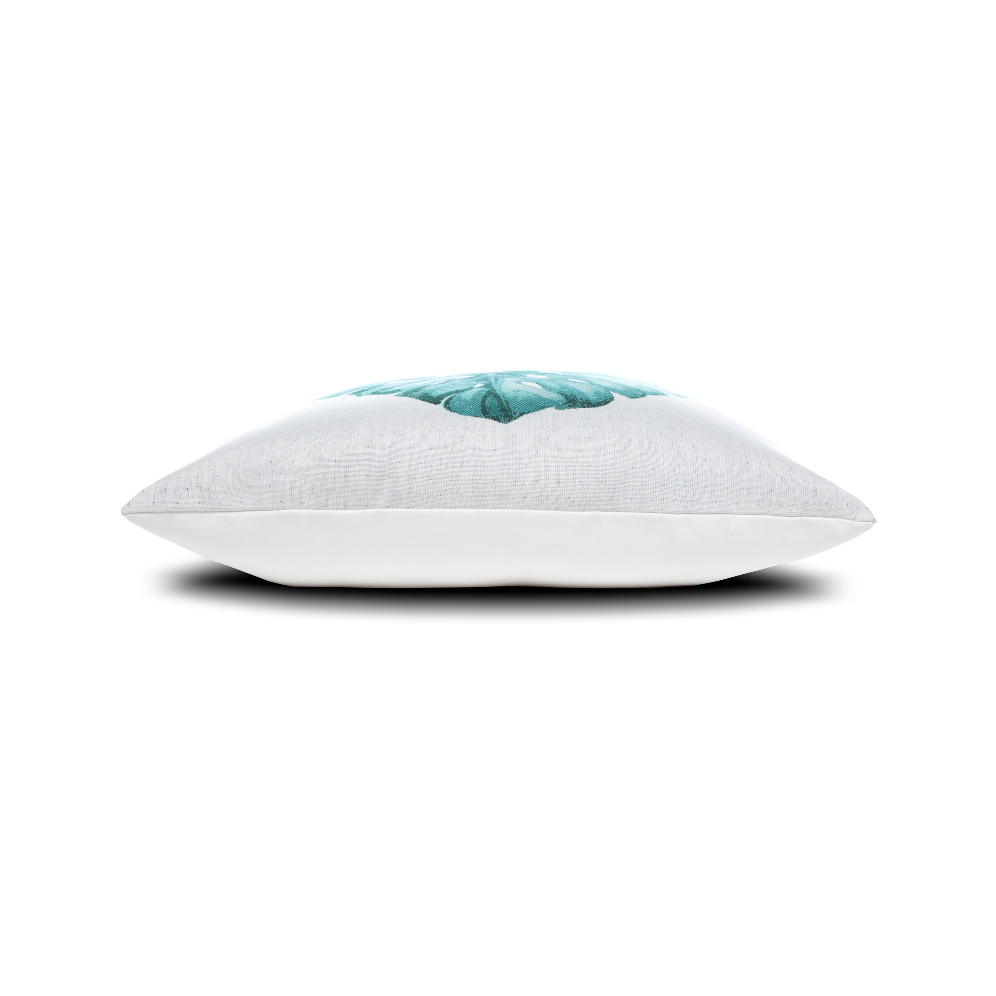 Side image of Teal tropical leaf on white textured ground outdoor pillow in square size for nature inspired patio decor by Elaine Smith