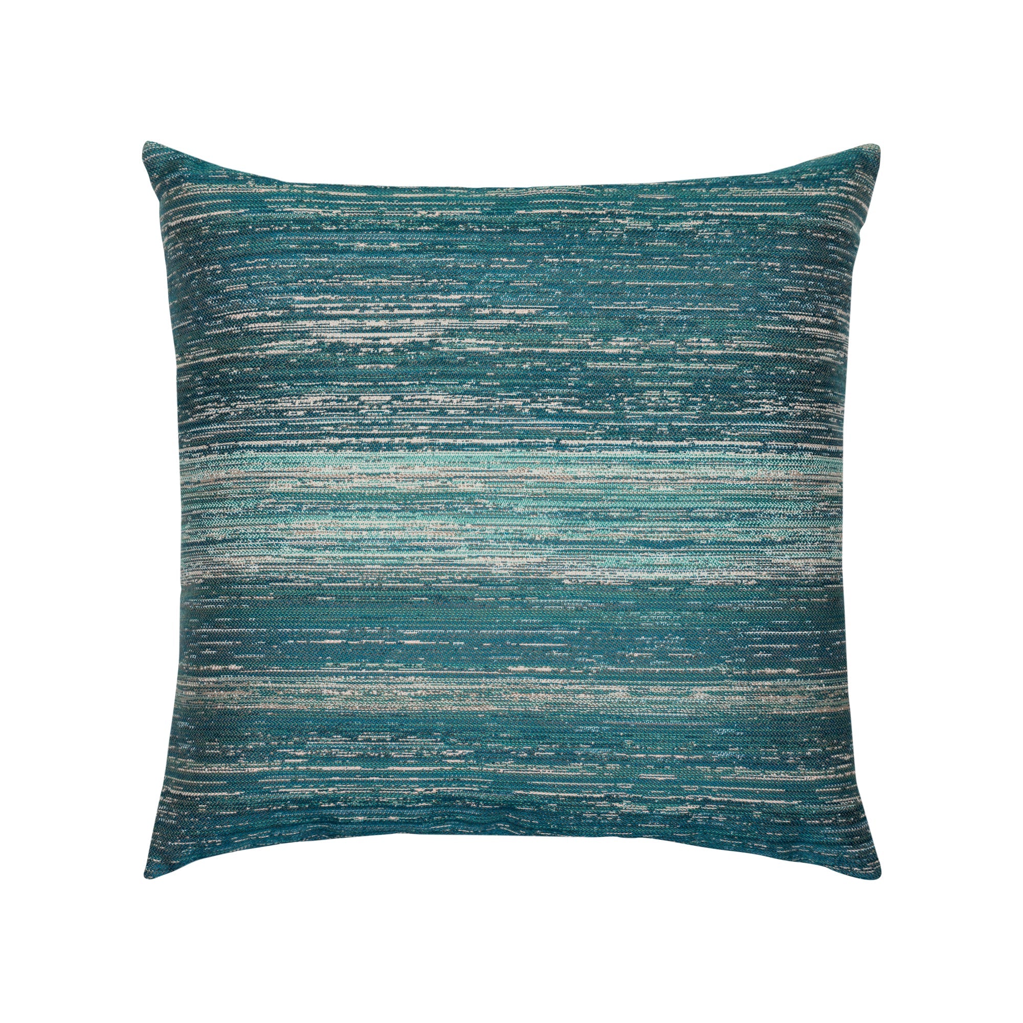 Pillow made from Lagoon-toned outdoor-safe fabric with textured vertical streaks