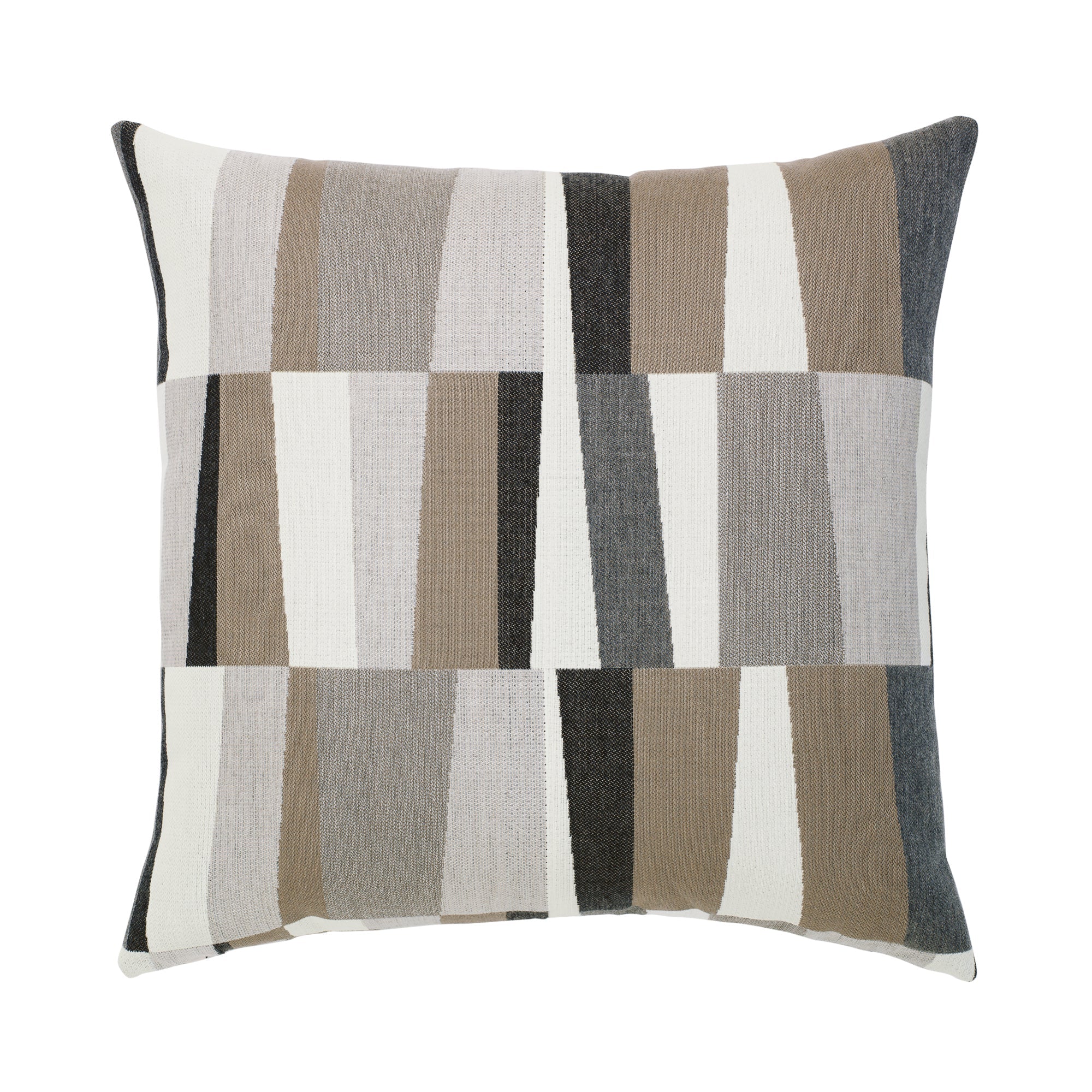 Pillow made from Geometric block stripe outdoor safe woven fabric in neutral tones