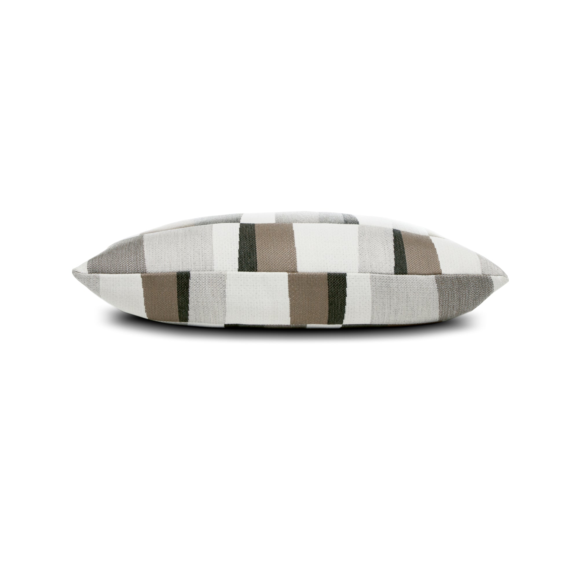 Side image of Taupe and brown geometric pillow lumbar size for neutral indoor and outdoor decor