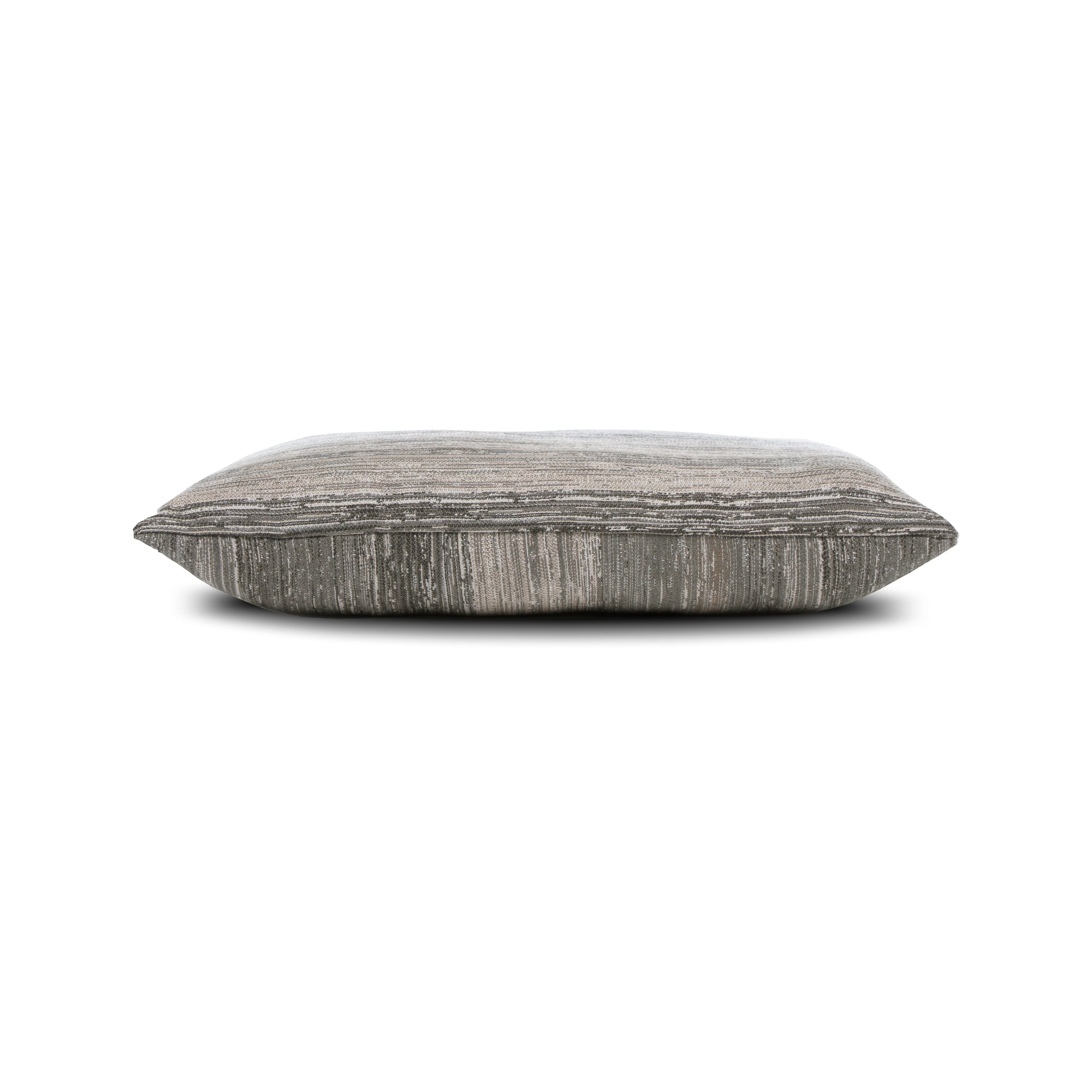 Side image of Gray and brown striped pillow lumbar size for neutral indoor and outdoor decor