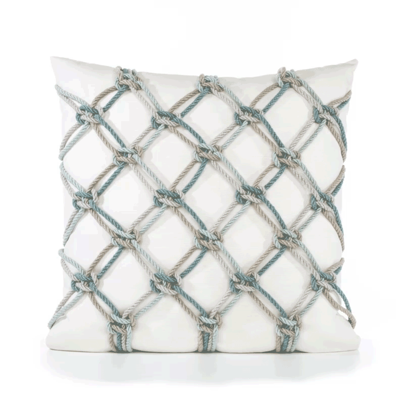 360 video of Hand crafted rope pillow in ivory square with aqua rope macrame