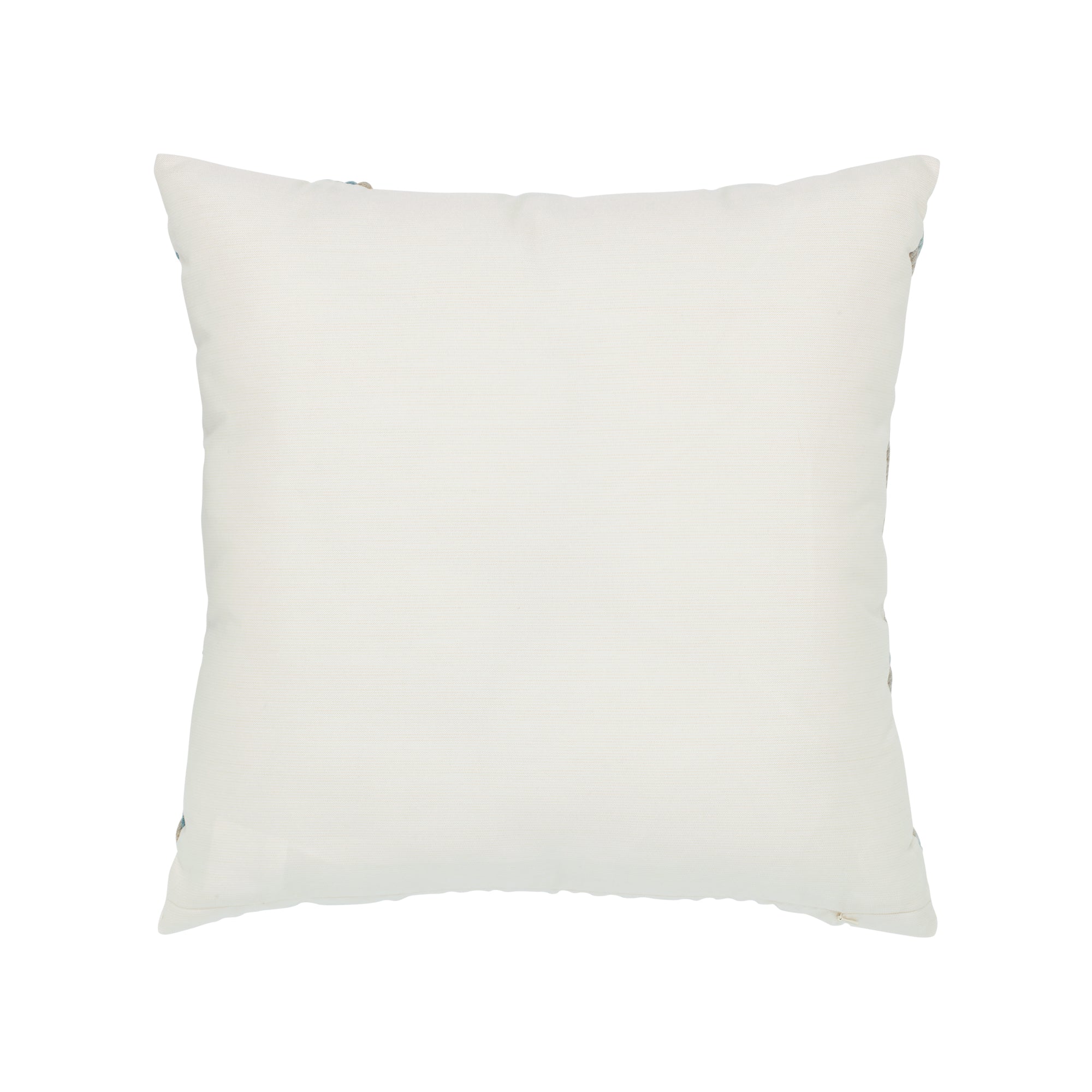 Back image of Hand crafted rope pillow in ivory square with aqua rope macrame