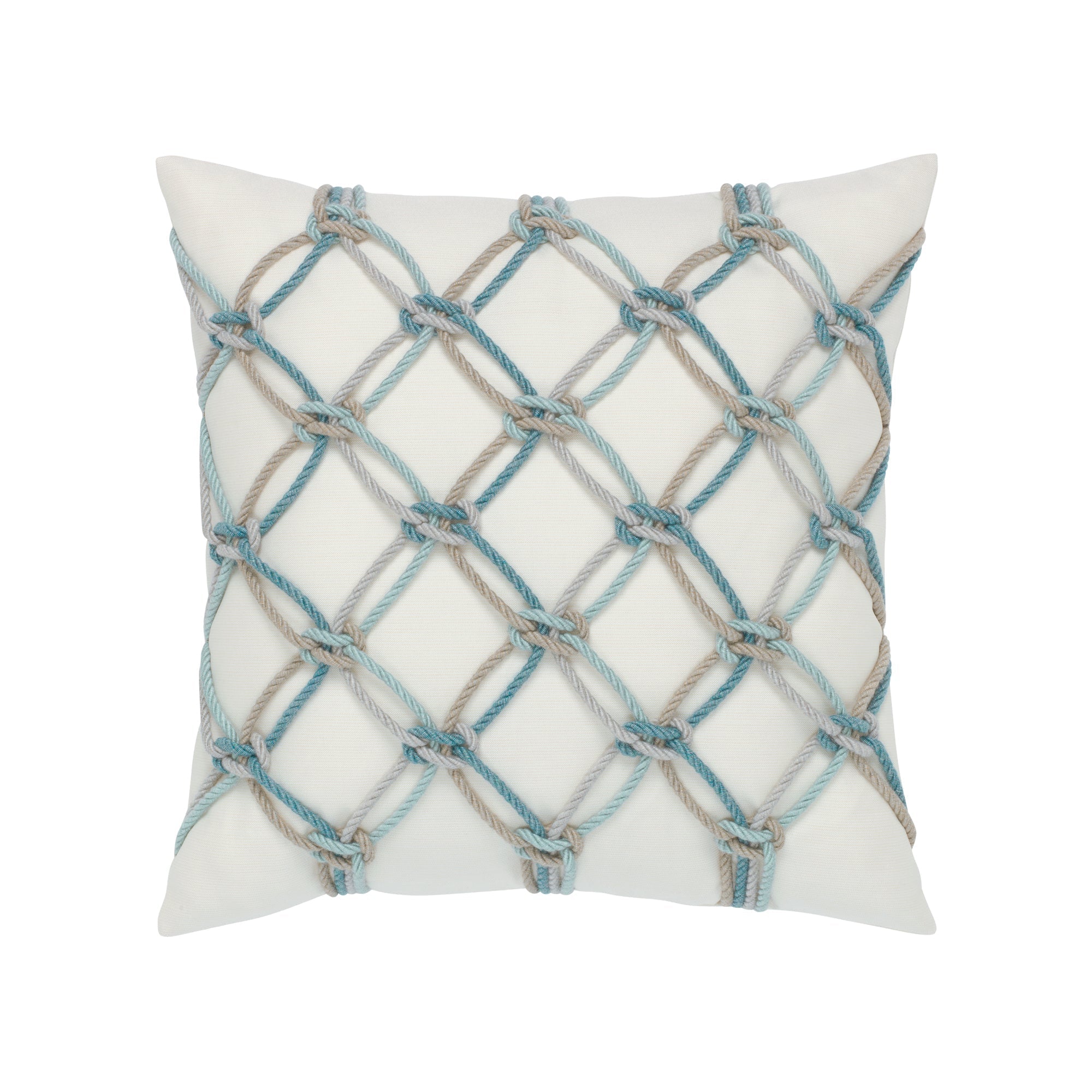 Hand crafted rope pillow in ivory square with aqua rope macrame