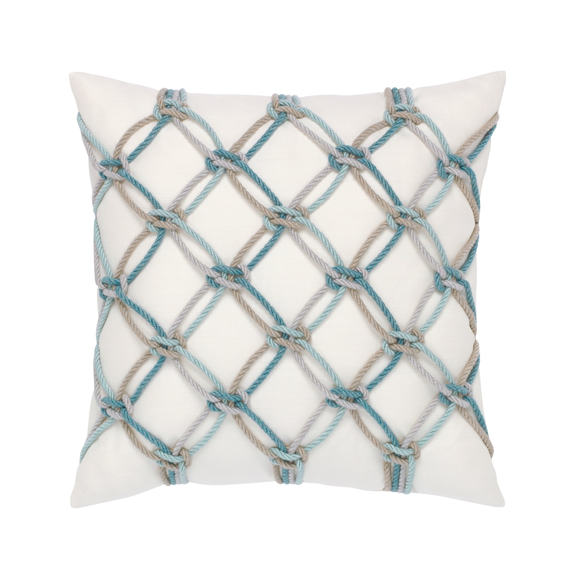 Hand crafted rope pillow in ivory square with aqua rope macrame