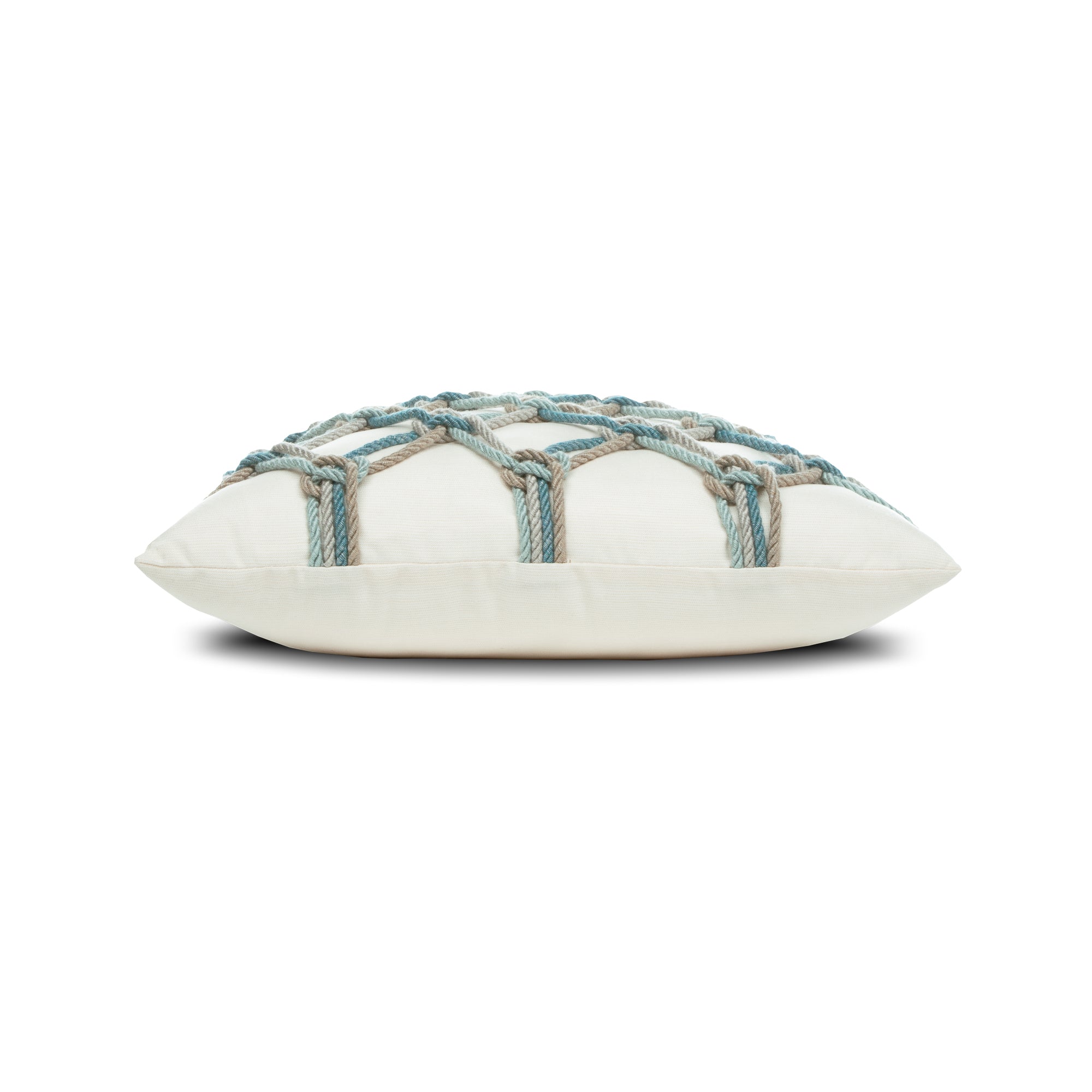 Side image of Hand crafted rope pillow in ivory square with aqua rope macrame