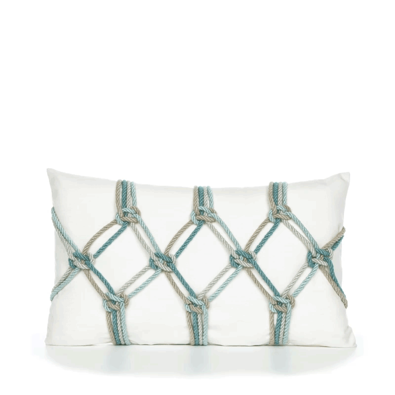 360 video of Ivory lattice-pattern with aqua rope detail outdoor pillow for elegant outdoor spaces