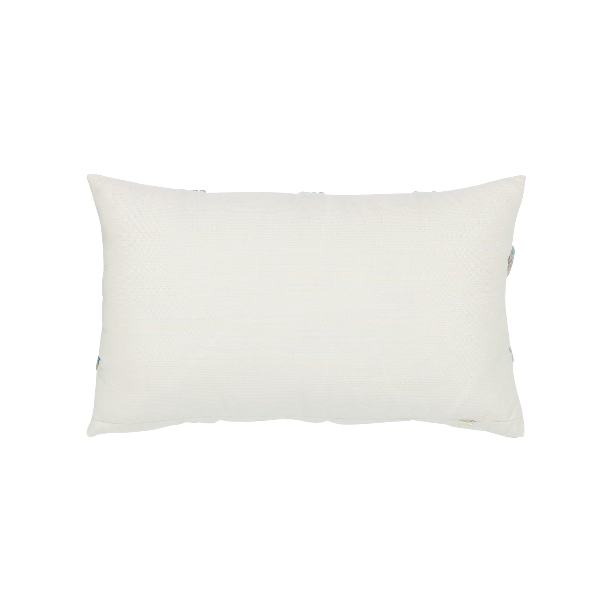 Back image of Ivory lattice-pattern with aqua rope detail outdoor pillow for elegant outdoor spaces
