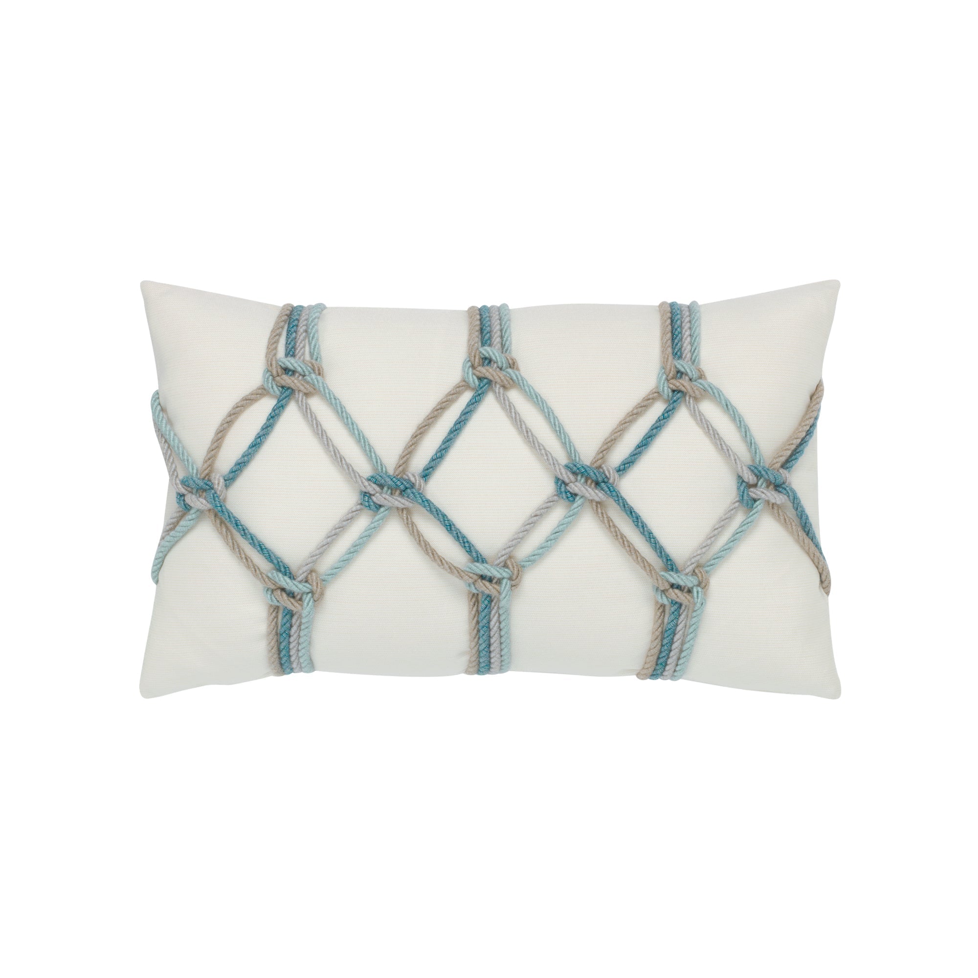 Ivory lattice-pattern with aqua rope detail outdoor pillow for elegant outdoor spaces