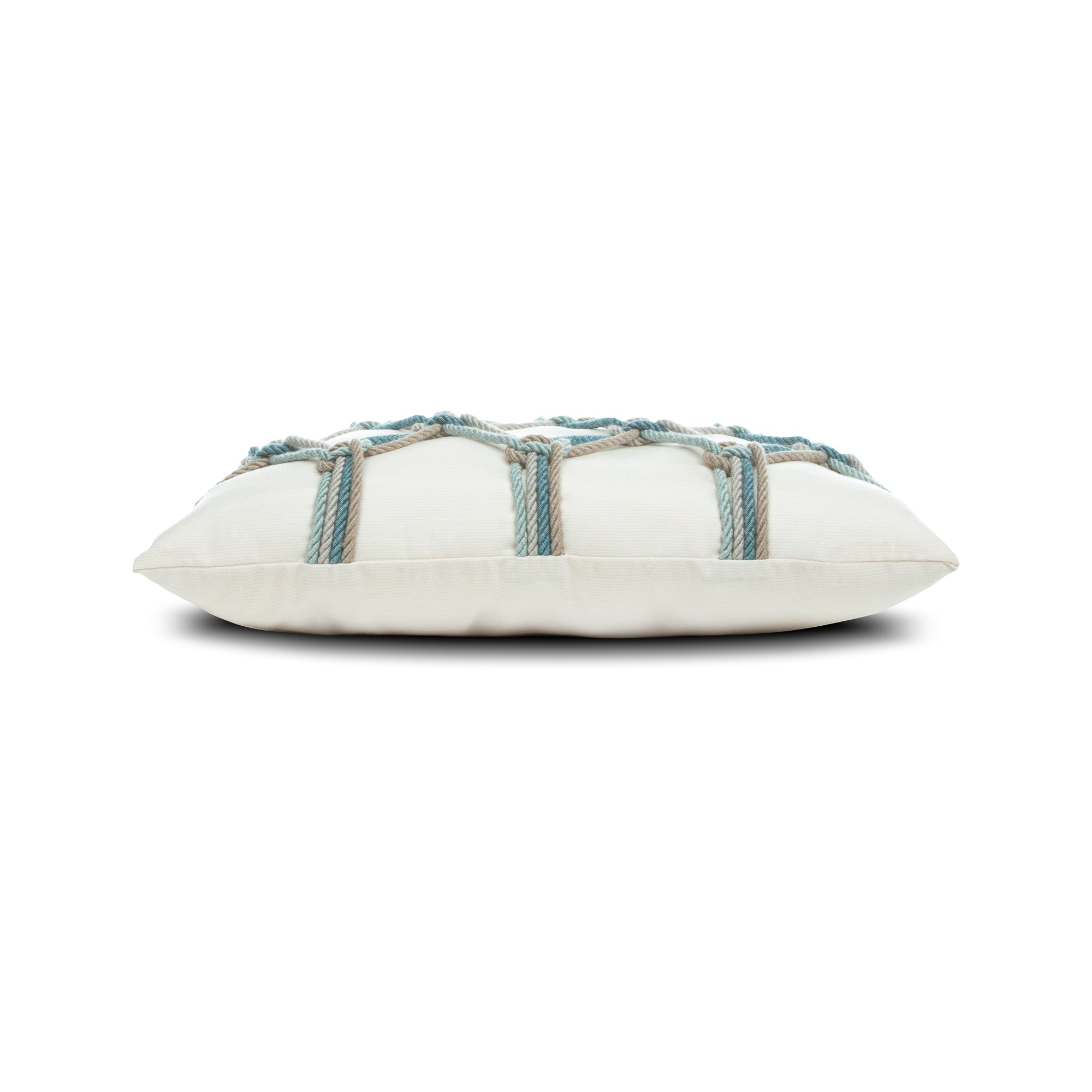Side image of Ivory lattice-pattern with aqua rope detail outdoor pillow for elegant outdoor spaces