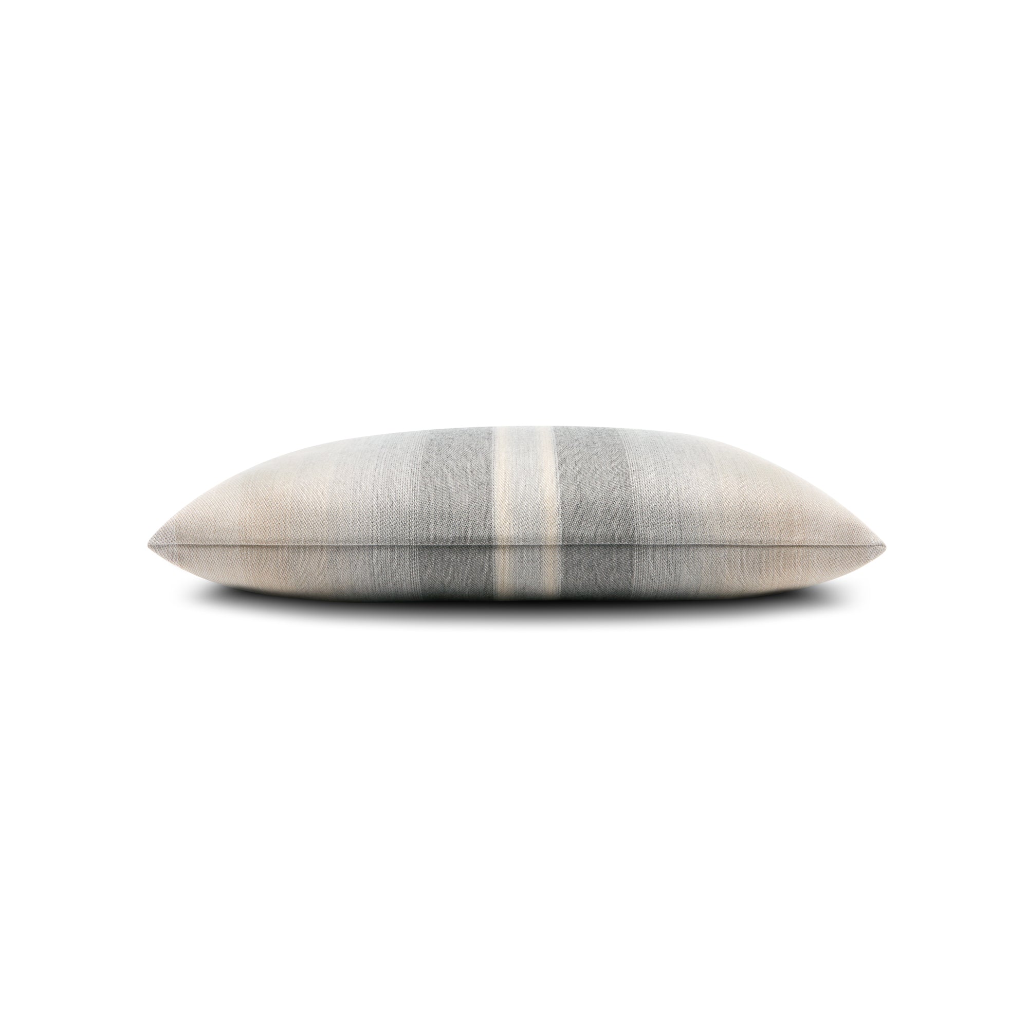 Side image of Gray ombre striped pillow in lumbar size for earthy indoor and outdoor decor