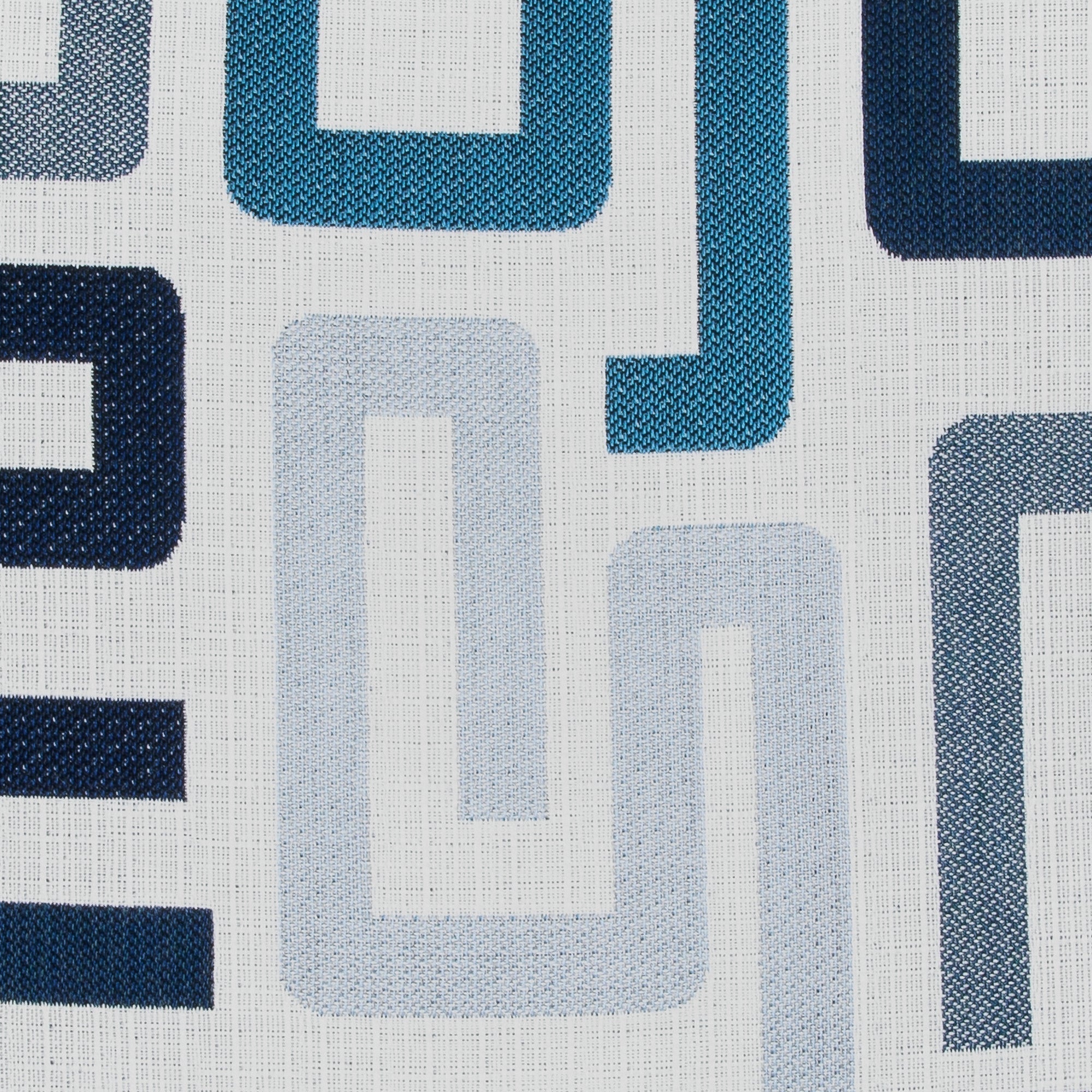 Detail image of Abstract maze-like outdoor safe fabric in cool blue hues
