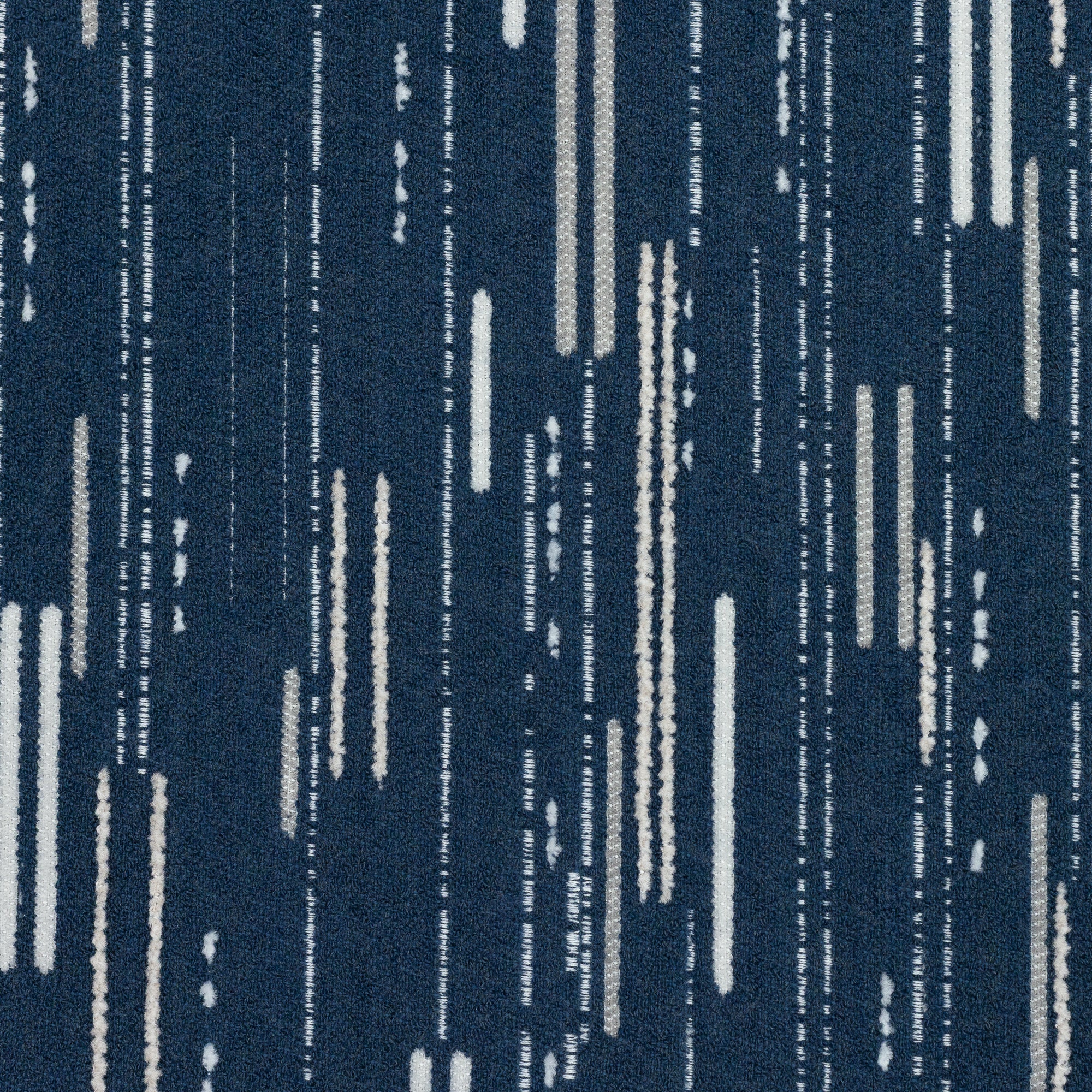 Detail image of Artful dashed indigo outdoor safe boucle and chenille fabric with contemporary flair