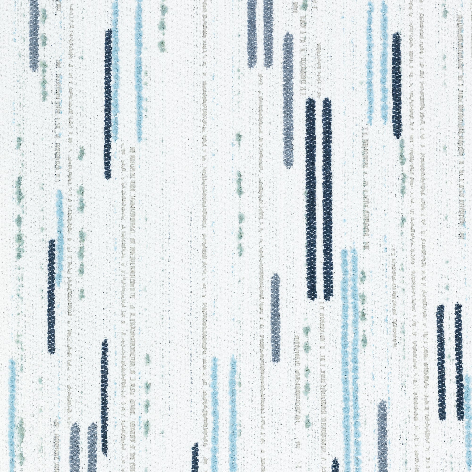 Detail image of Contemporary ocean blue and white outdoor safe boucle and chenille fabric with broken line patterns – Connection Ocean by Elaine Smith