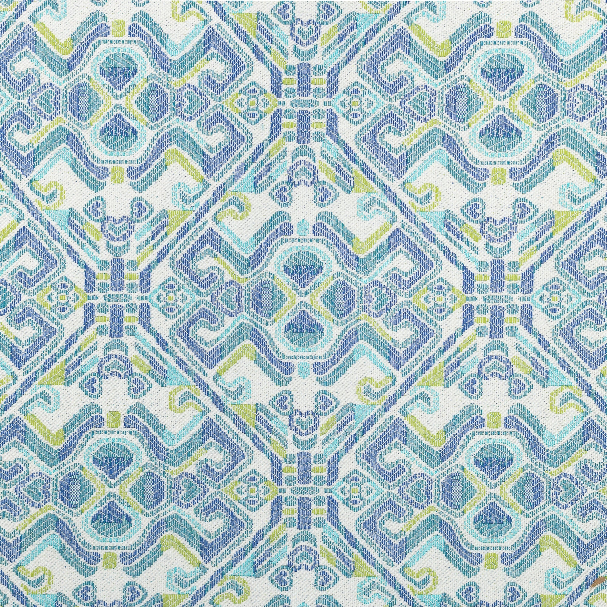 Detail image of Intricate blue and green mosaic outdoor safe fabric with Mediterranean influence