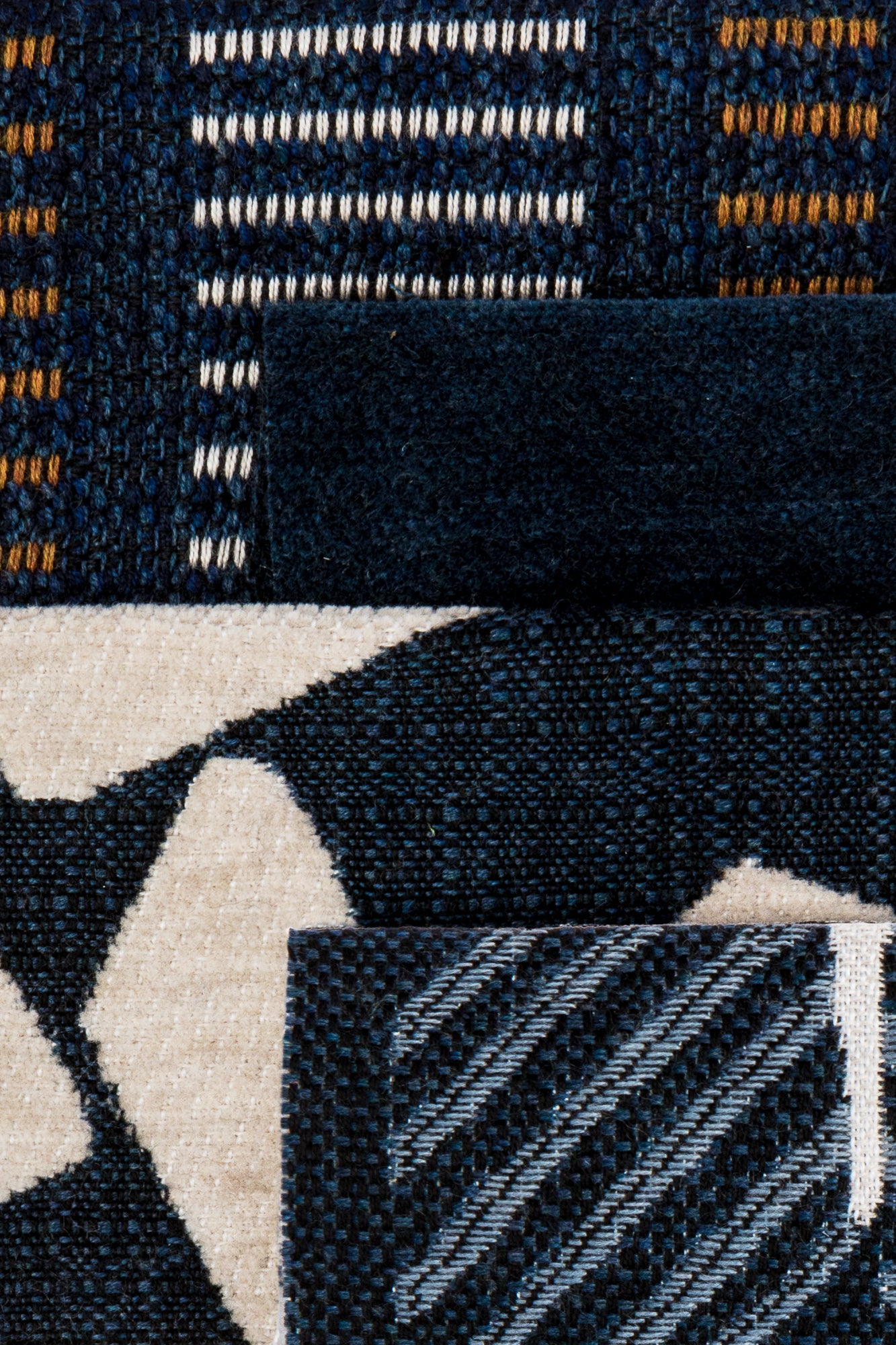 Coordinating fabrics to Striped indigo outdoor safe fabric with rich earth-tone accents – Journey Indigo by Elaine Smith