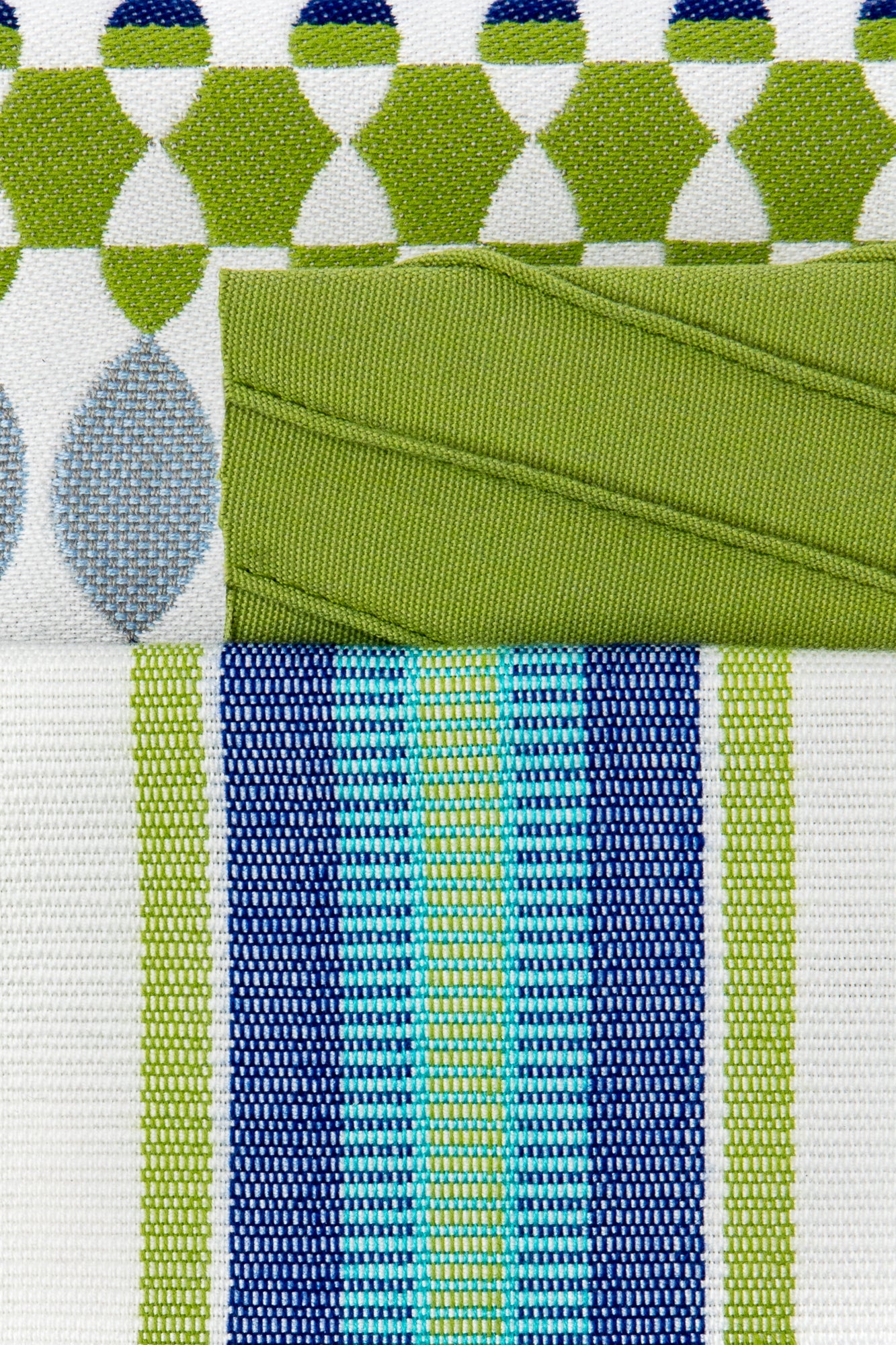 Coordinating fabrics to Contemporary oval patterned outdoor safe fabric in blue and green
