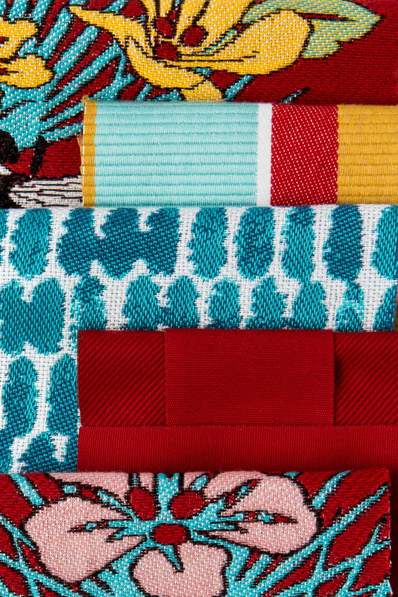 Coordinating fabrics to Bold multicolor stripe outdoor safe woven fabric with Mediterranean flair – Sicily Stripe by Elaine Smith