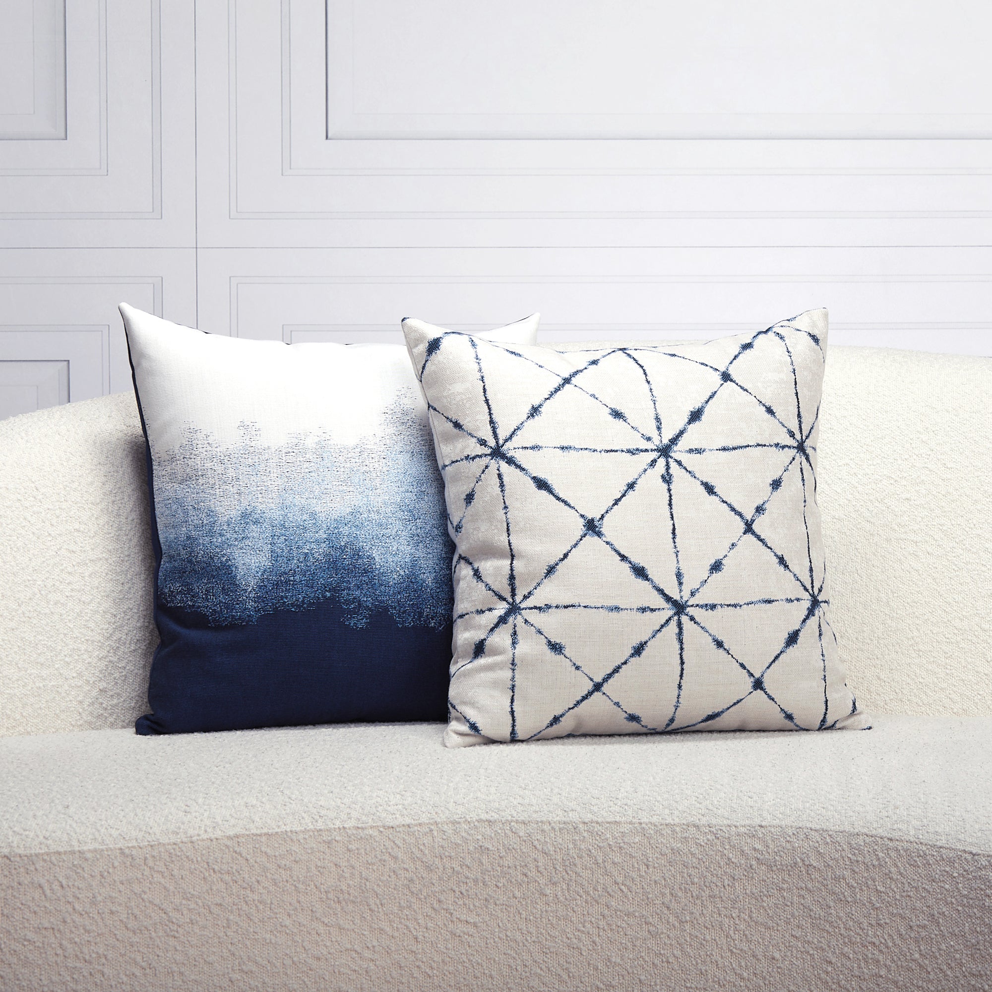 Indoor environmental image of pillows in Trilogy Indigo – outdoor-safe woven fabric by Elaine Smith, ideal for high-end commercial and residential applications.