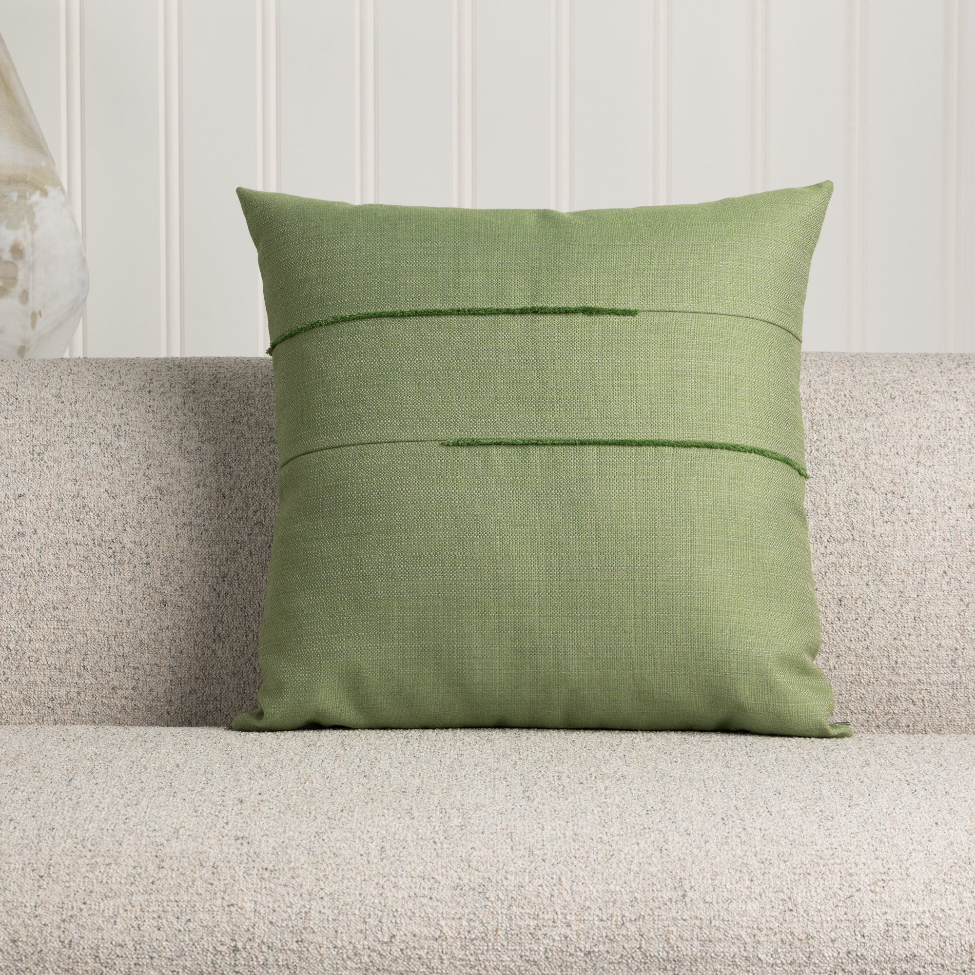 Indoor environmental image of pillows in Earthy green woven outdoor safe performance fabric - Woven Meadow by Elaine Smith