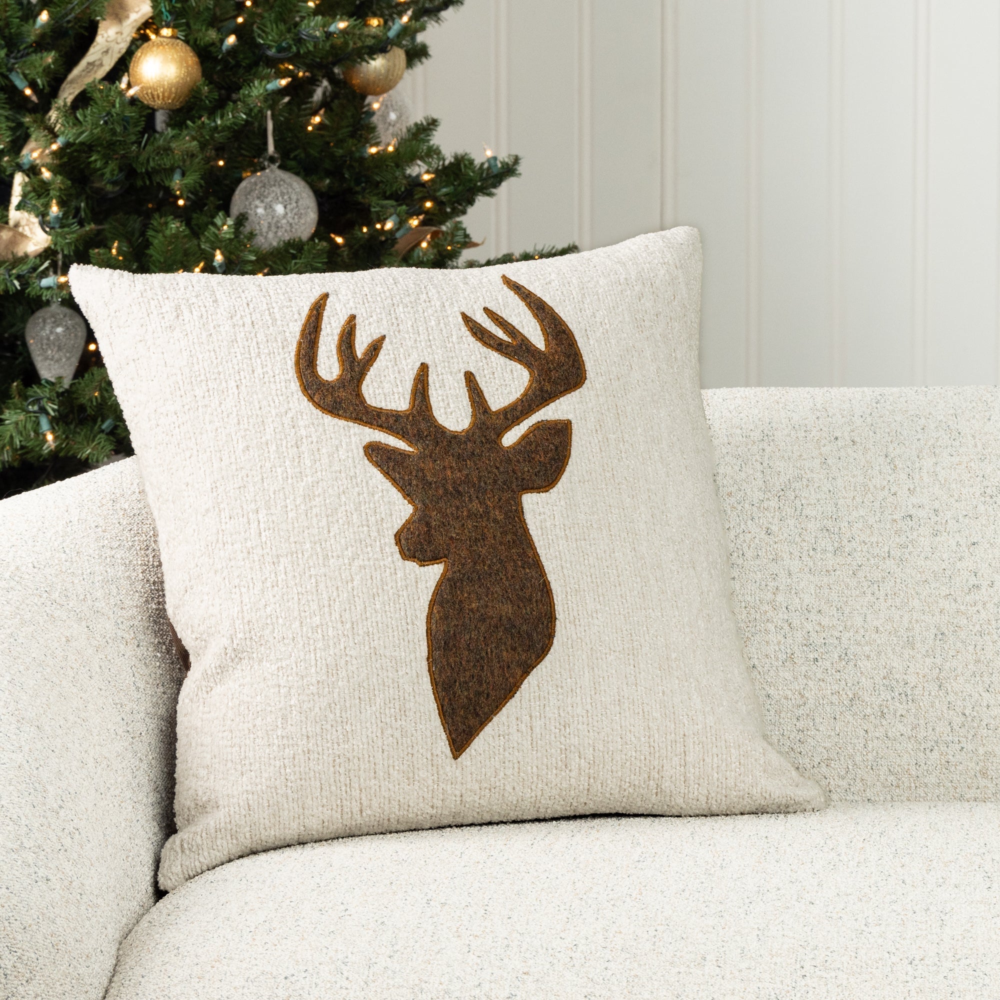 Luxury holiday image of reindeer pillow good for woodsy theme, outdoor safe by elaine smith