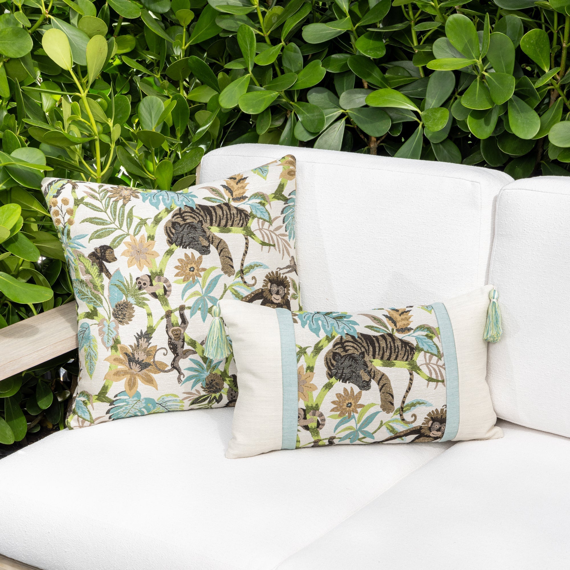 Luxury charcoal classic patterned bolster pillow on a outdoor sofa, featuring plush fill for lasting comfort for hospitality and commercial spaces