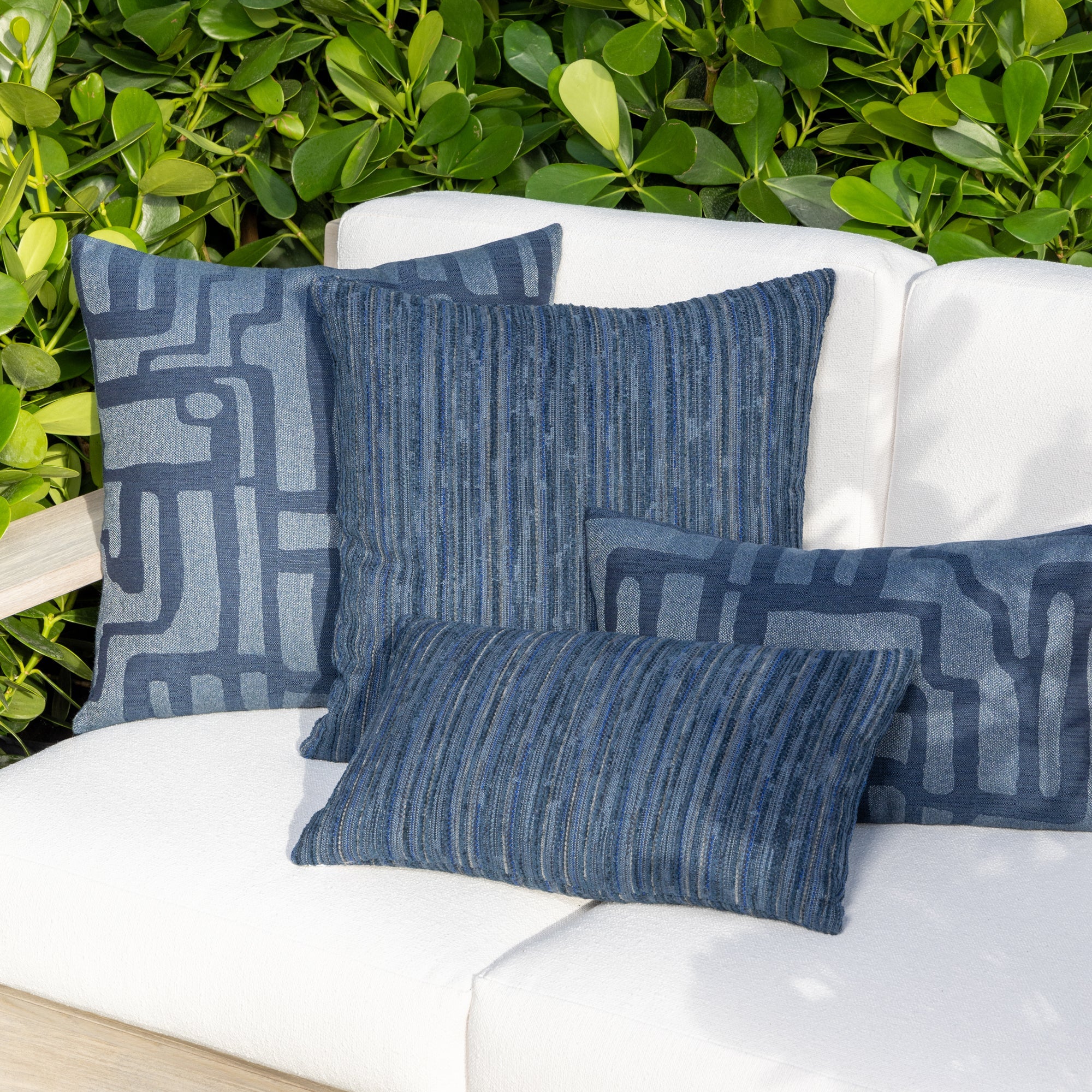 Outdoor image of pillows in Sophisticated outdoor-safe fabric with geometric indigo design - Noble Indigo performance textile by Elaine Smith