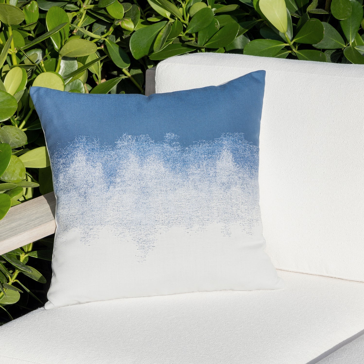 Blue ombre fade with white indoor and outdoor safe accent pillow by elaine smith